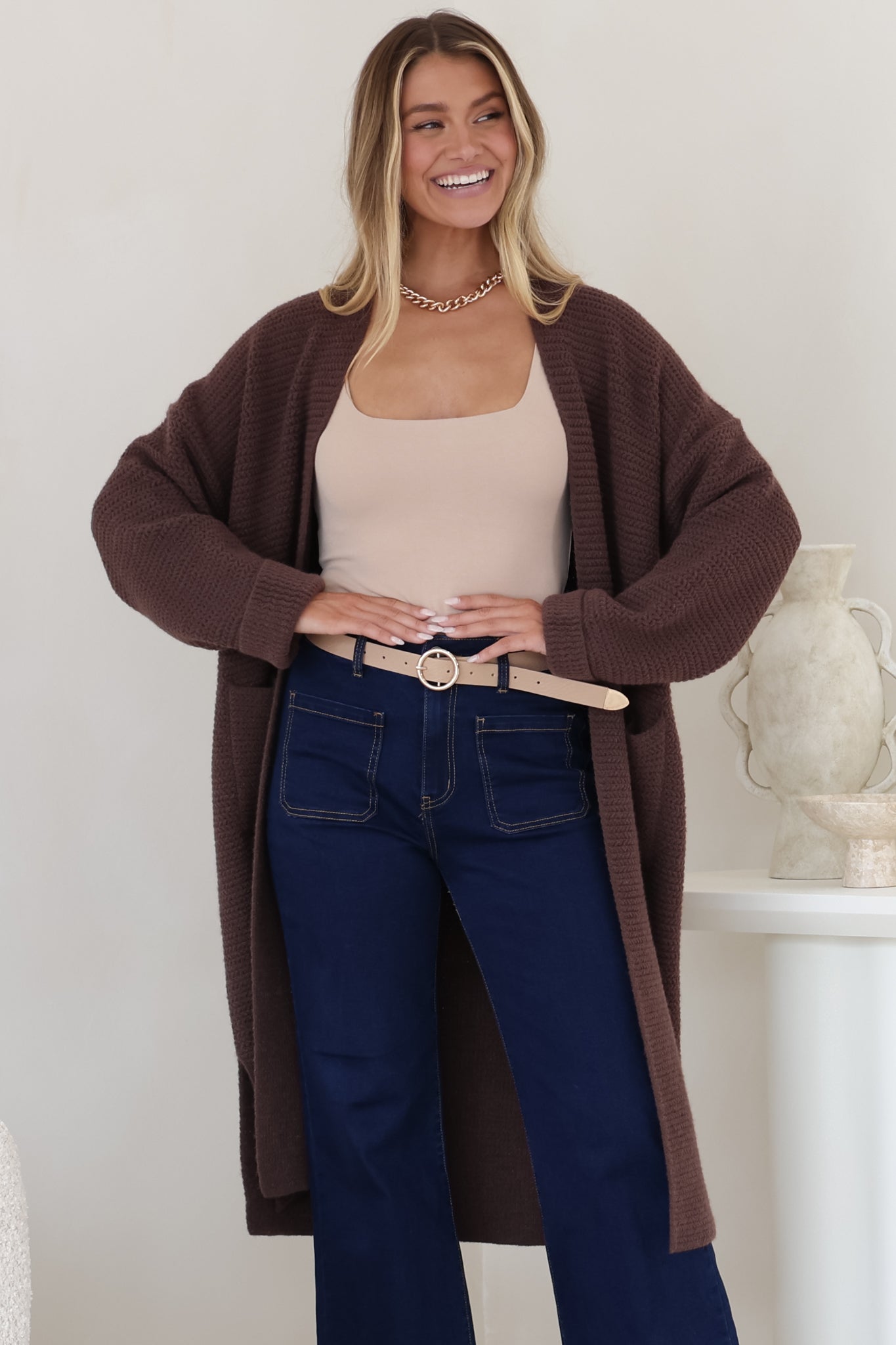 Levi Cardigan - Open Front Long Knit Cardigan with Pockets in Coffee