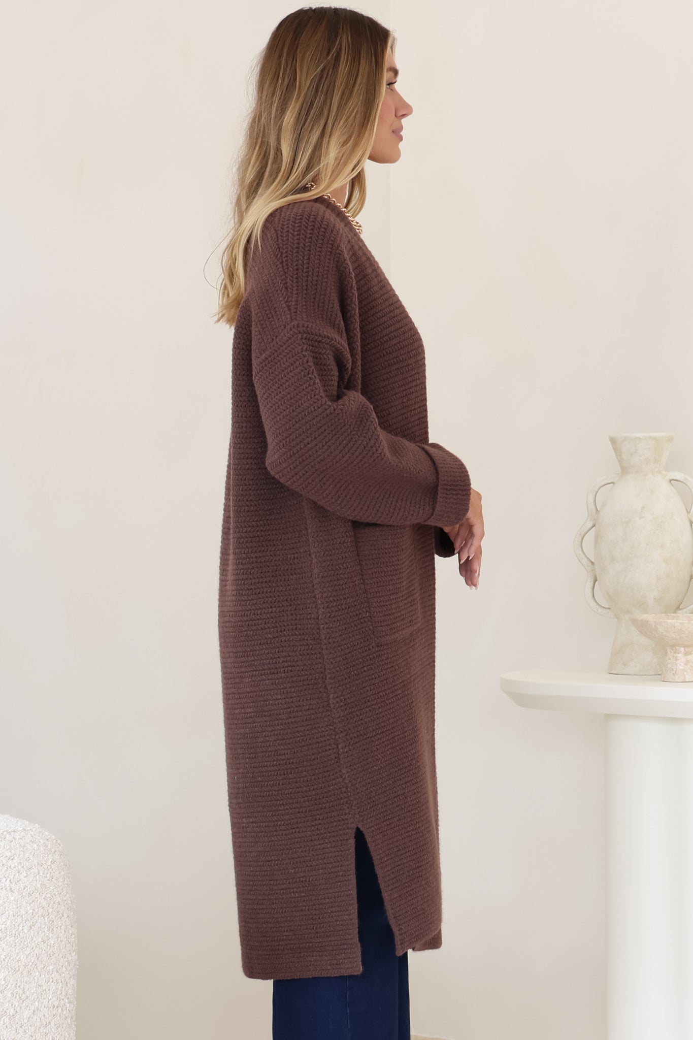 Levi Cardigan - Open Front Long Knit Cardigan with Pockets in Coffee