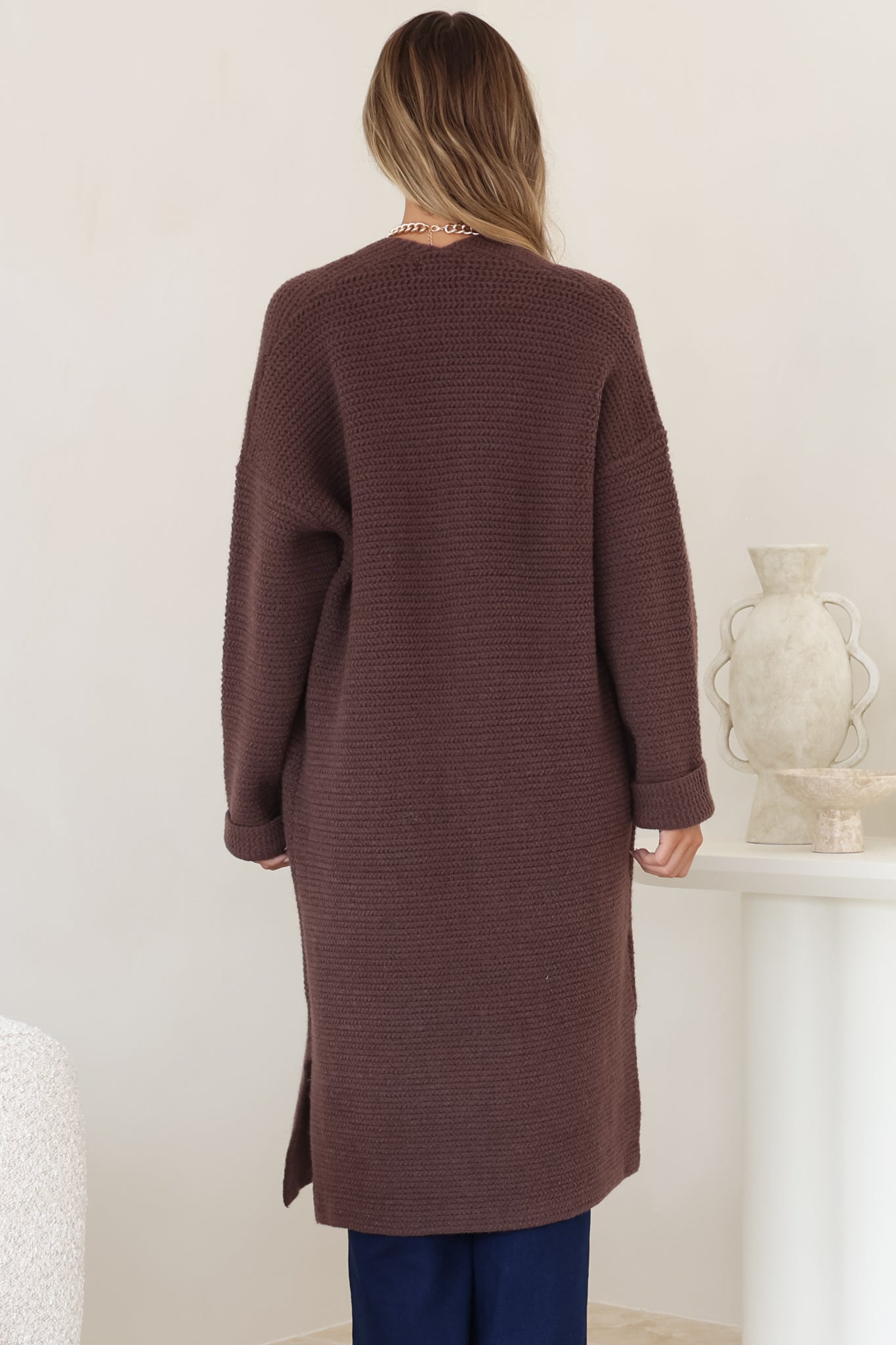 Levi Cardigan - Open Front Long Knit Cardigan with Pockets in Coffee