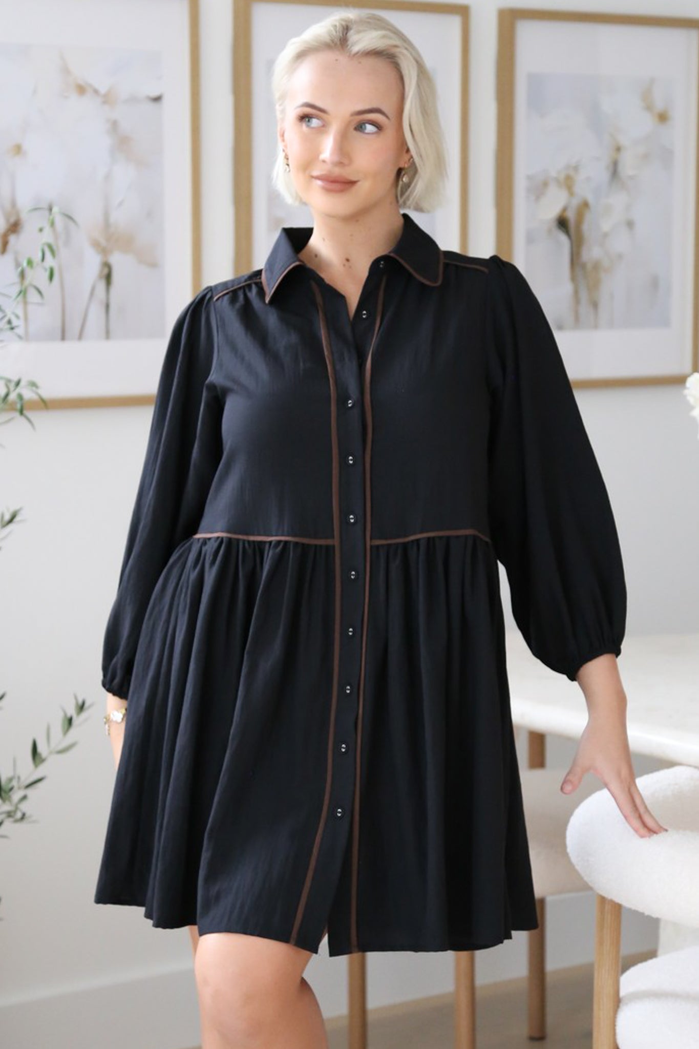 Tenley Mini Dress - Contrast Trim Button Down Smock Dress in Black