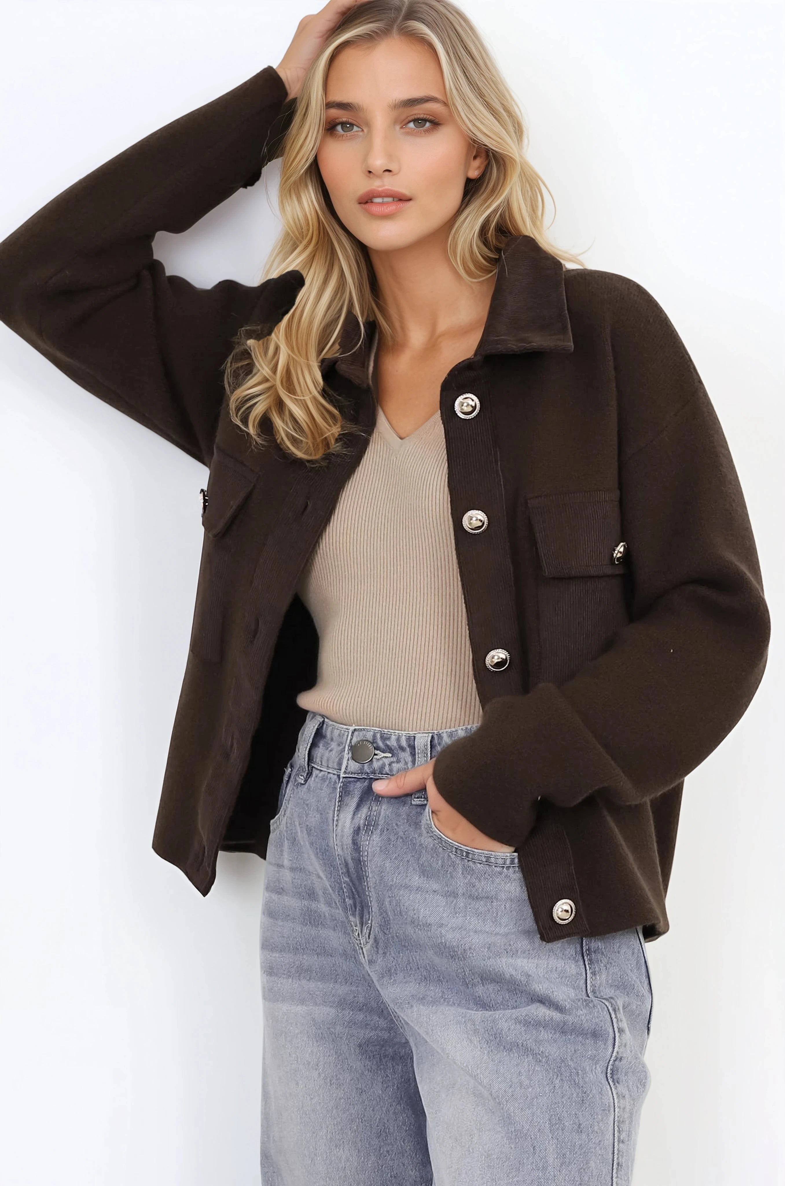Lincoln Cardigan - Faux Suede Detailed Button Down Cardigan with Patch Pockets in Brown