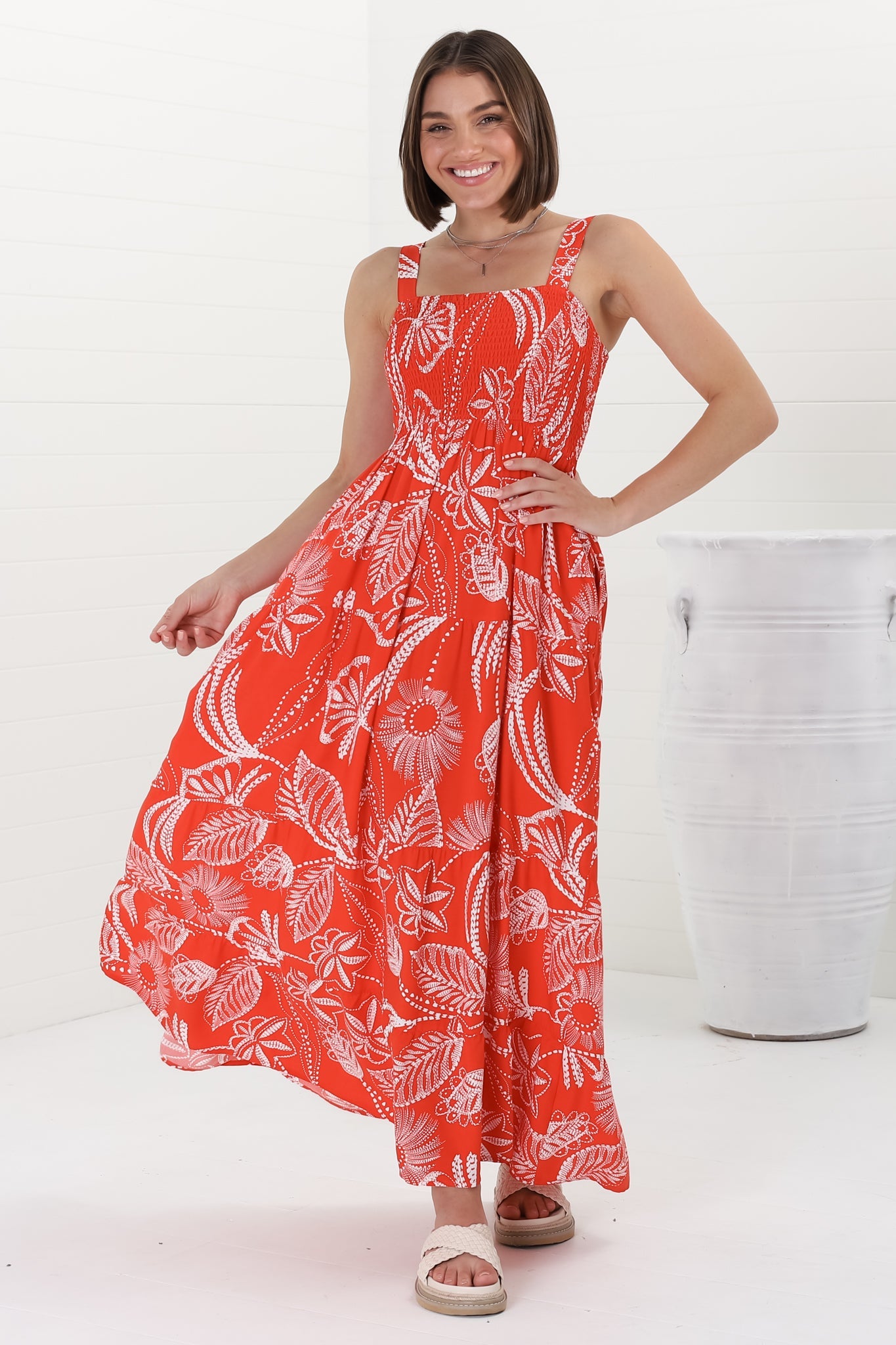 Loretta Maxi Dress - Elasticated Bodice Sun Dress in Havanna Print Red