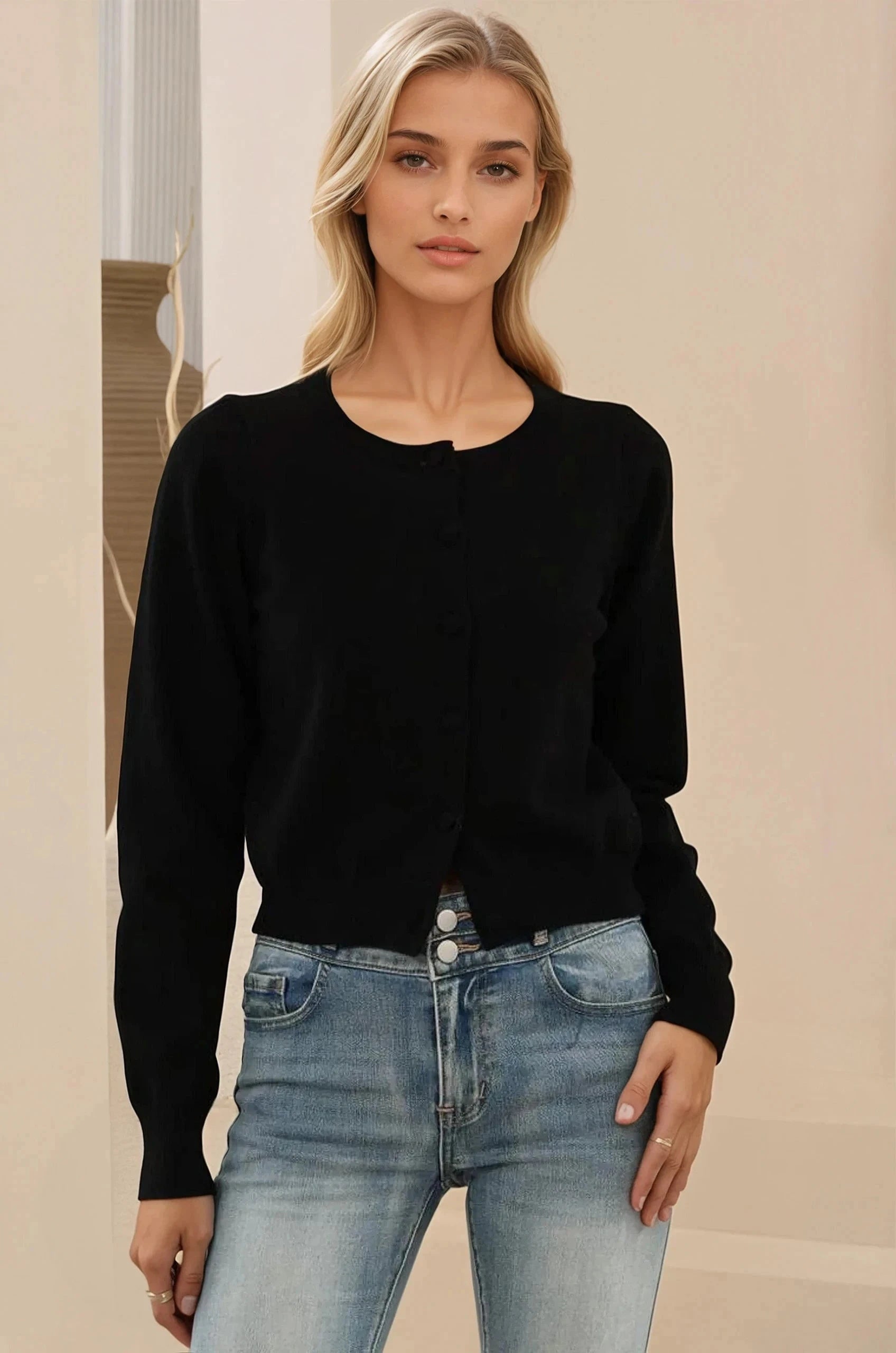 Maggie Cardigan - Button Front Crew Neck Crop Cardigan in Black