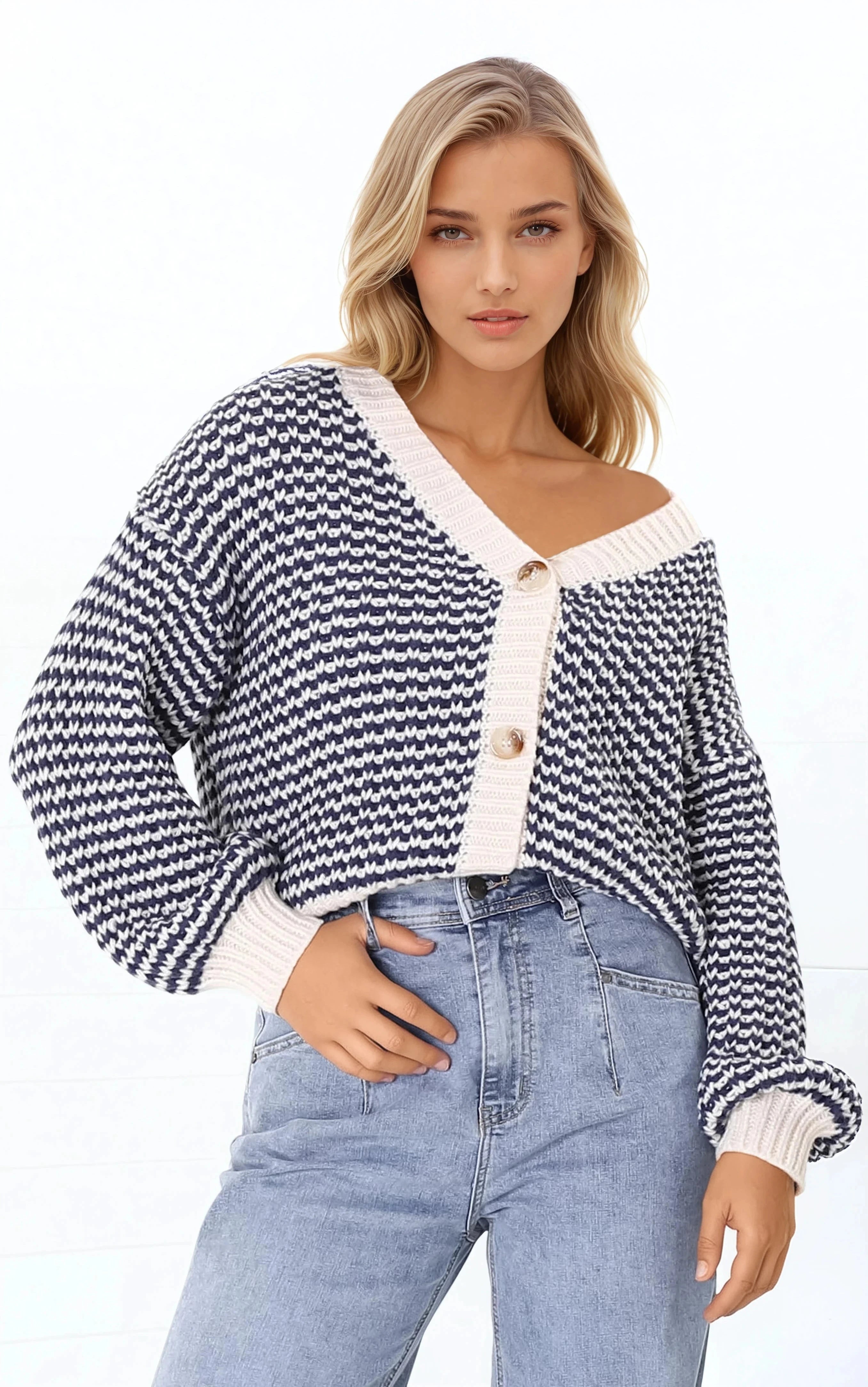 Malu Cardigan - Open Front Stripe Cardigan in White