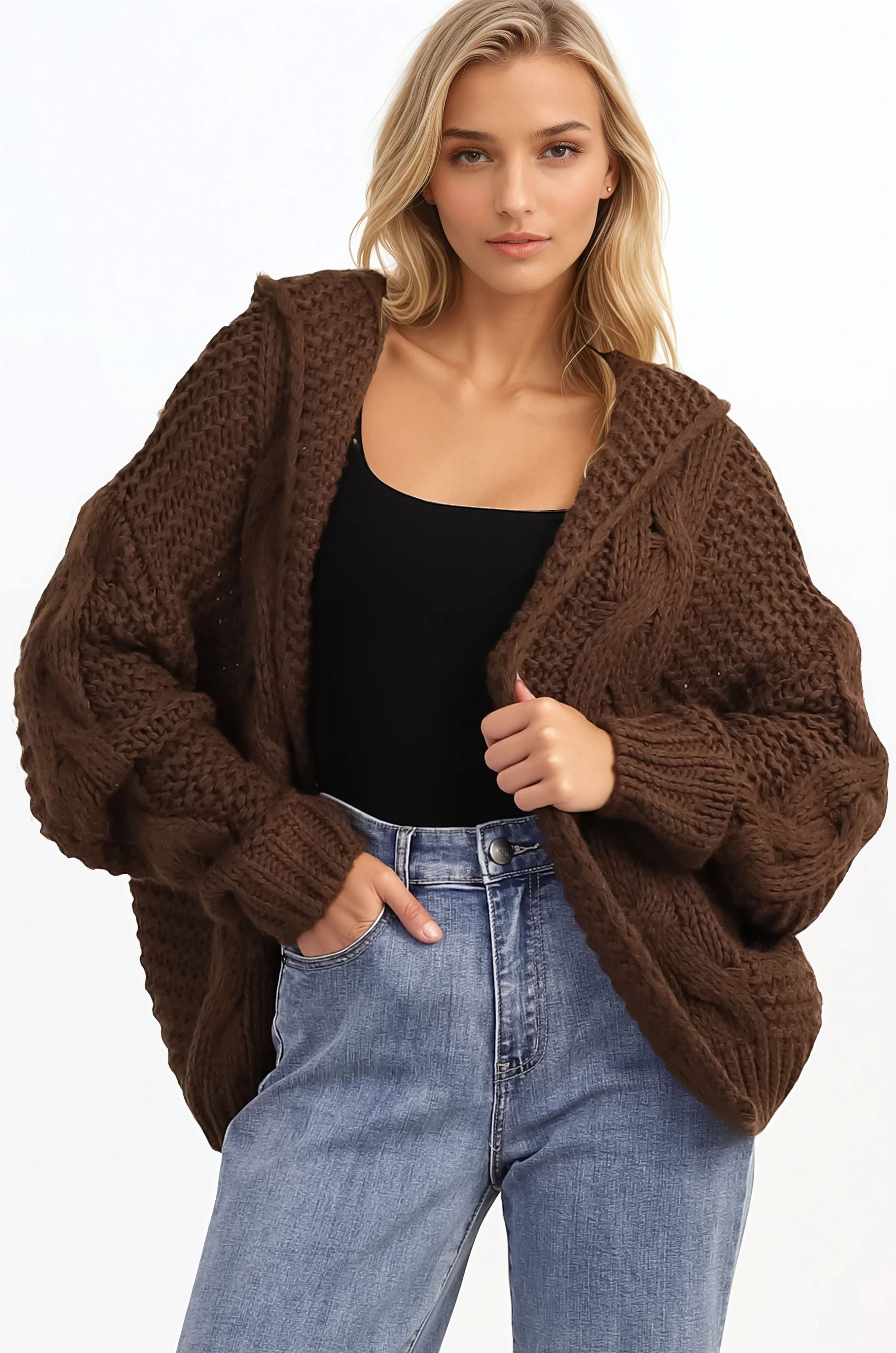 Maple Knit - Chunky Cable Knit Hooded Crop Cardigan in Brown