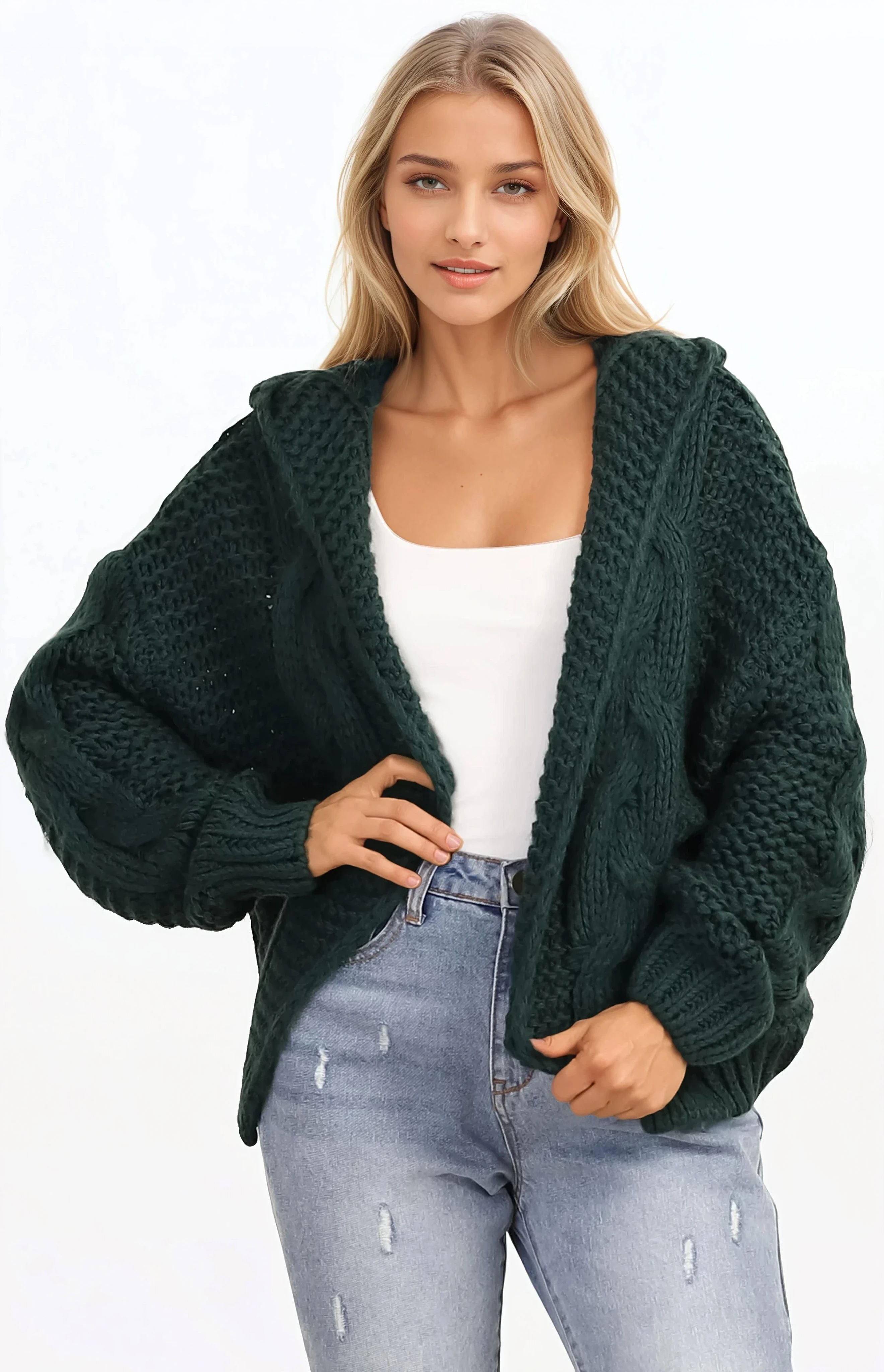 Maple Knit - Chunky Cable Knit Hooded Crop Cardigan in Dark Green