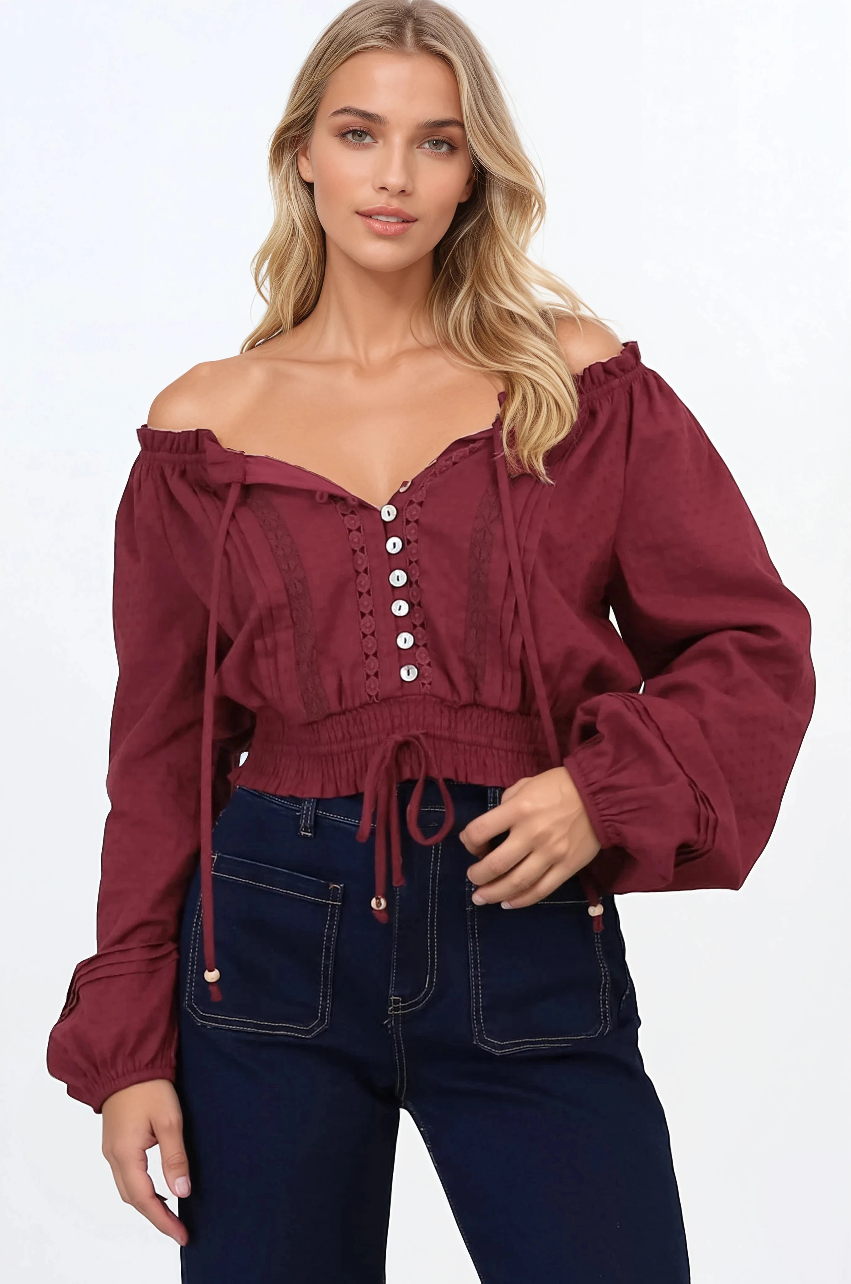 Marlon Top - On or Off Shoulder Pin Tuck Detail Long Balloon Sleeve Crop in Wine