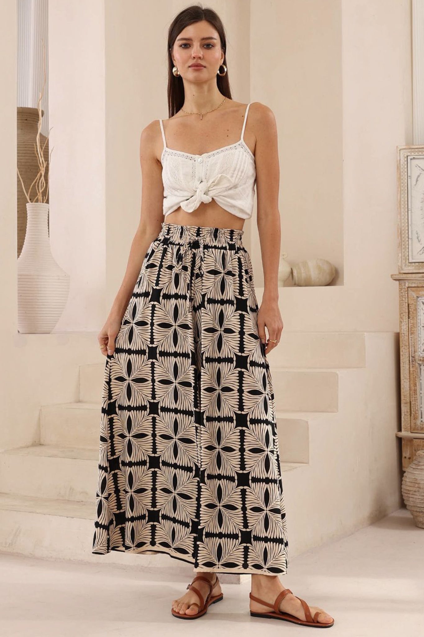 Mezza Pants - Paper Bag High Waisted Wide Leg Pants in Carter Print