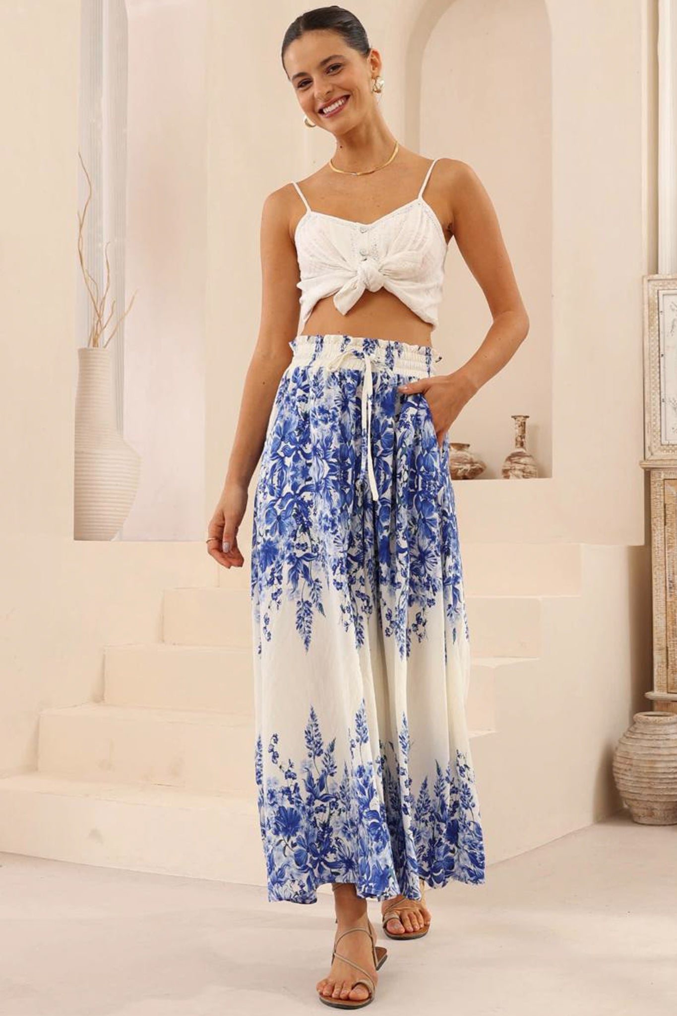 Mezza Pants - Paper Bag High Waisted Wide Leg Pants in Luna Print