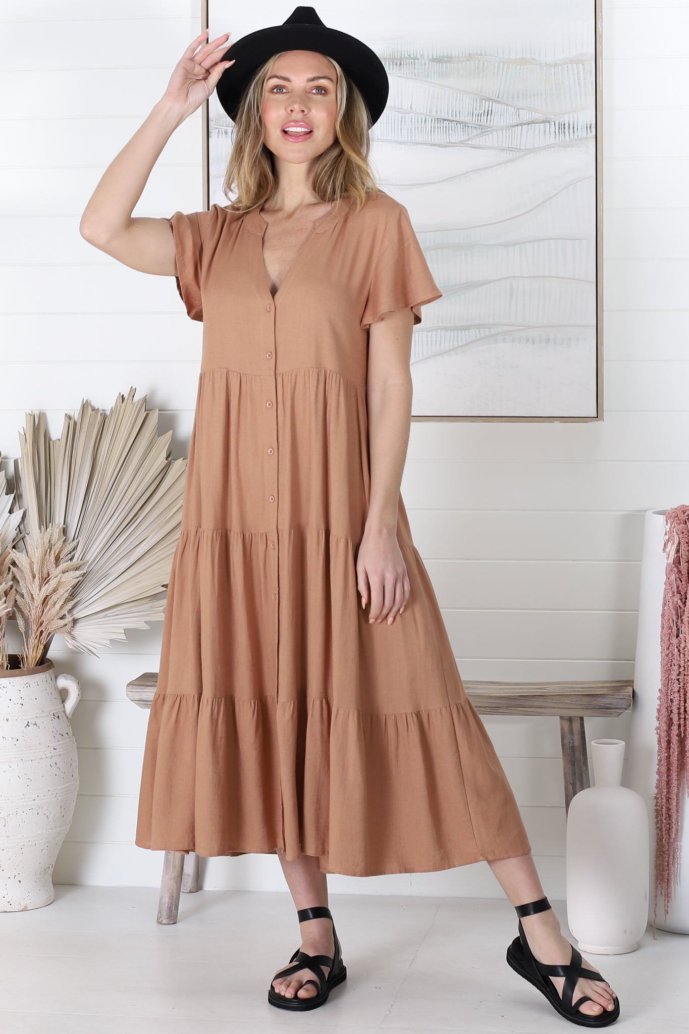 Milla Midi Dress - Tiered Cap Sleeve Button Down Linen Dress in Tan