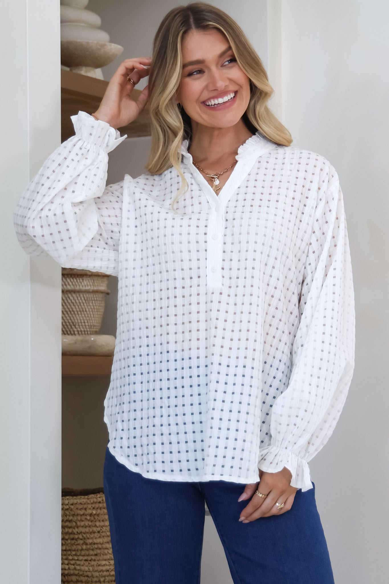 Morgan Blouse - Frill Collar Button Down Textured Blouse with Balloon Sleeves in White