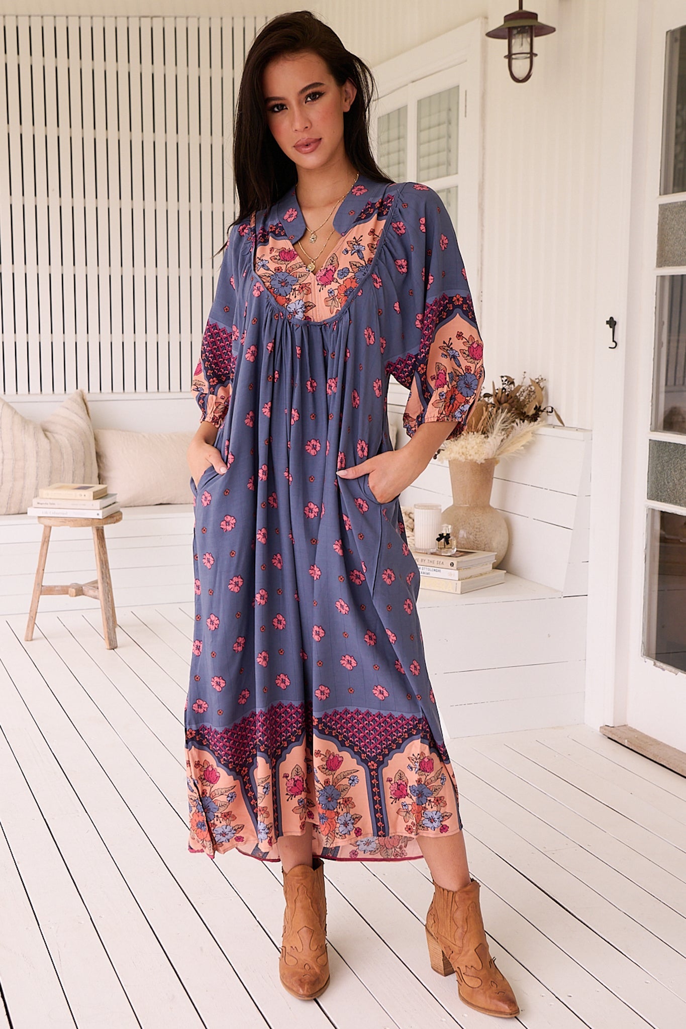 JAASE - Boheme Midi Dress: Piping Defined Bust Slimline Smock Dress in Laney Print