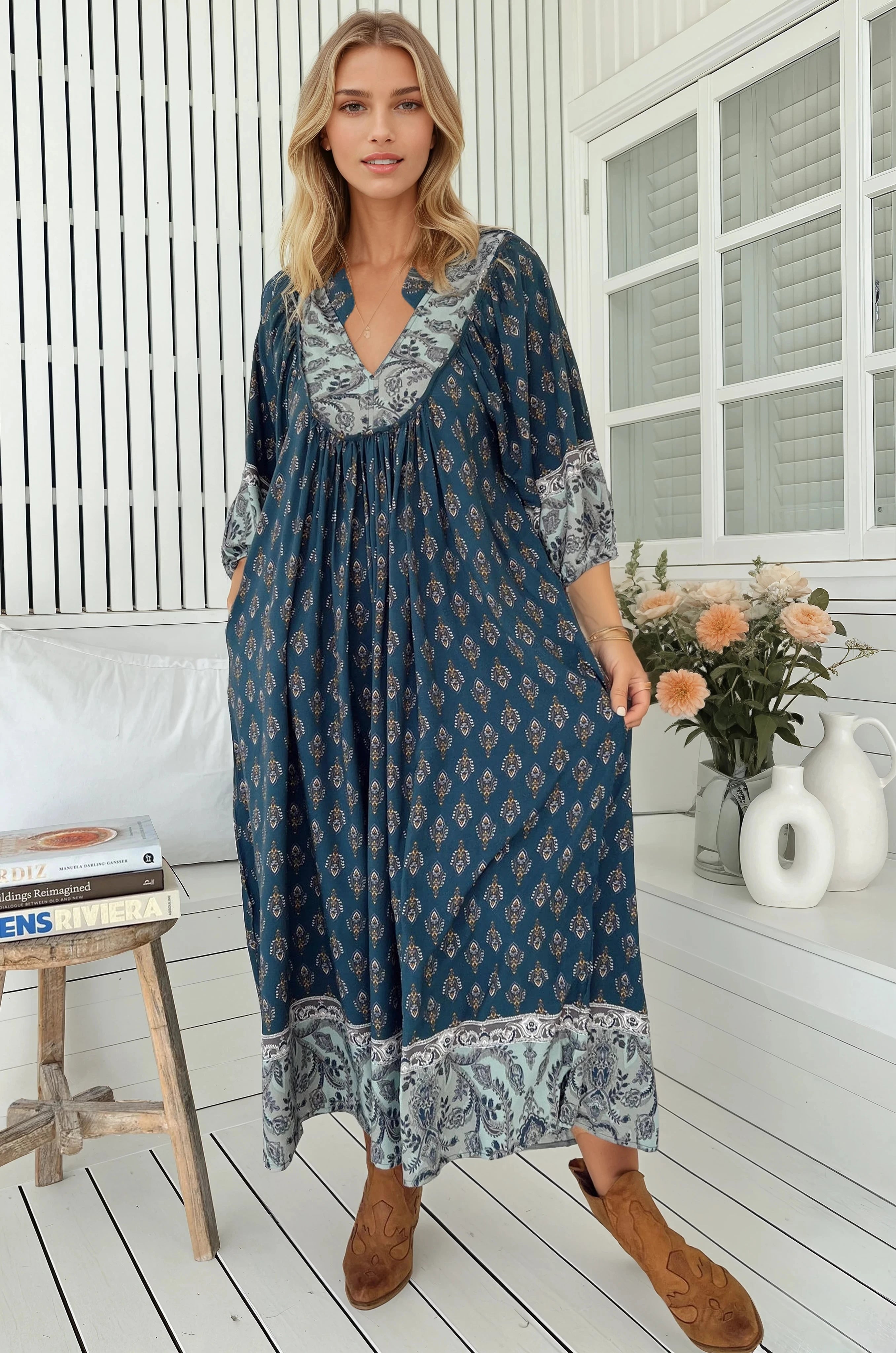 JAASE - Boheme Midi Dress: Piping Defined Bust Slimline Smock Dress in Nico Print