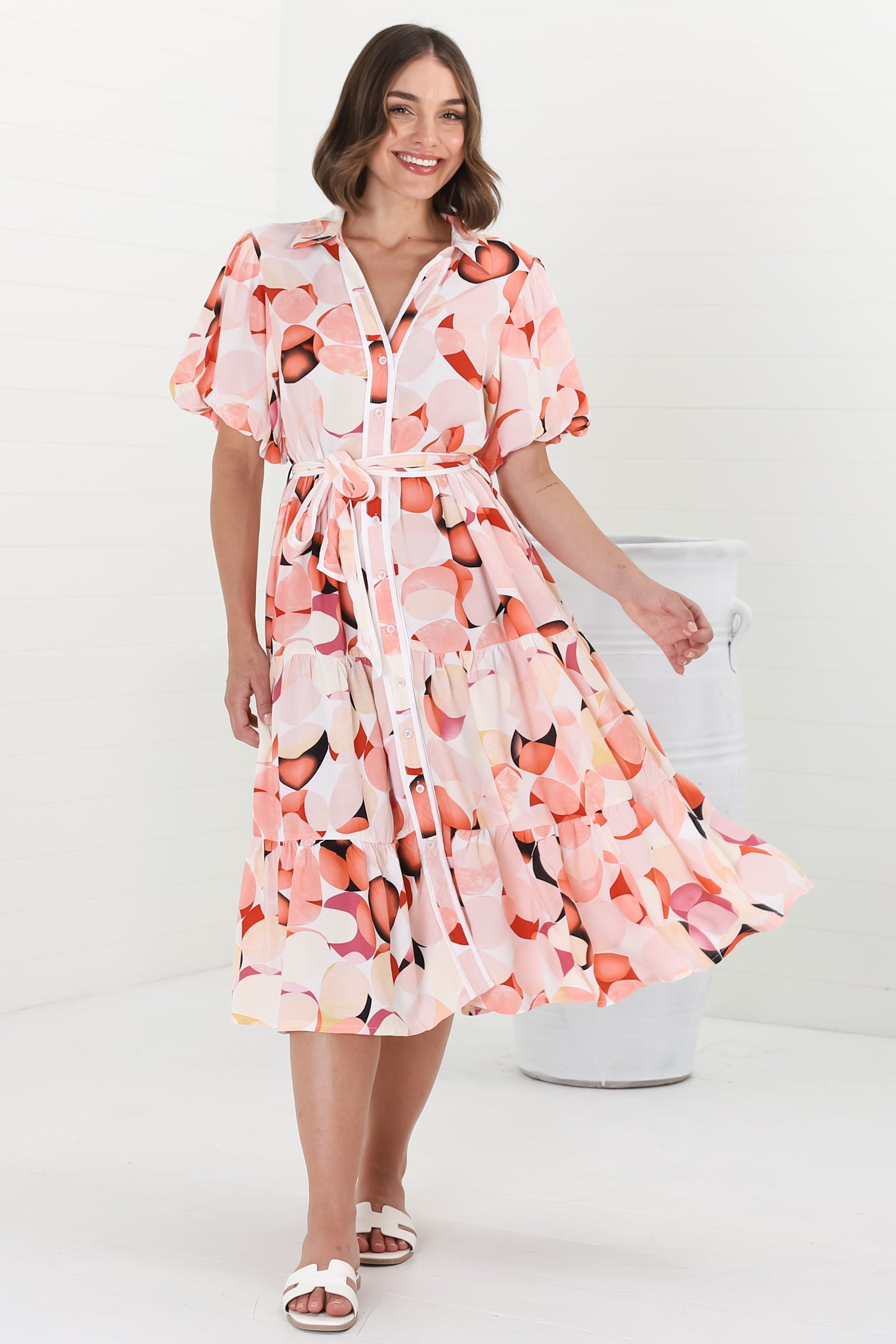 Olisa Midi Dress - Button-Down Contrast Piping Smock Dress with Matching Belt in Maine Print Pink