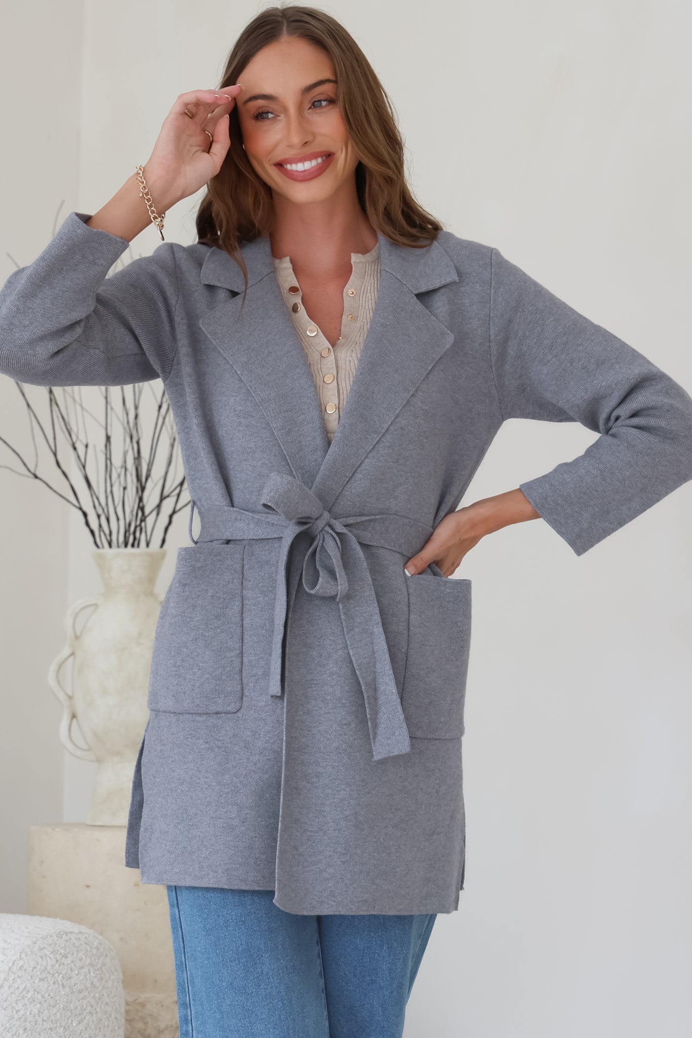 Onyx Cardigan - Lapel Collar Open Front Coatigan with Waist Tie in Grey