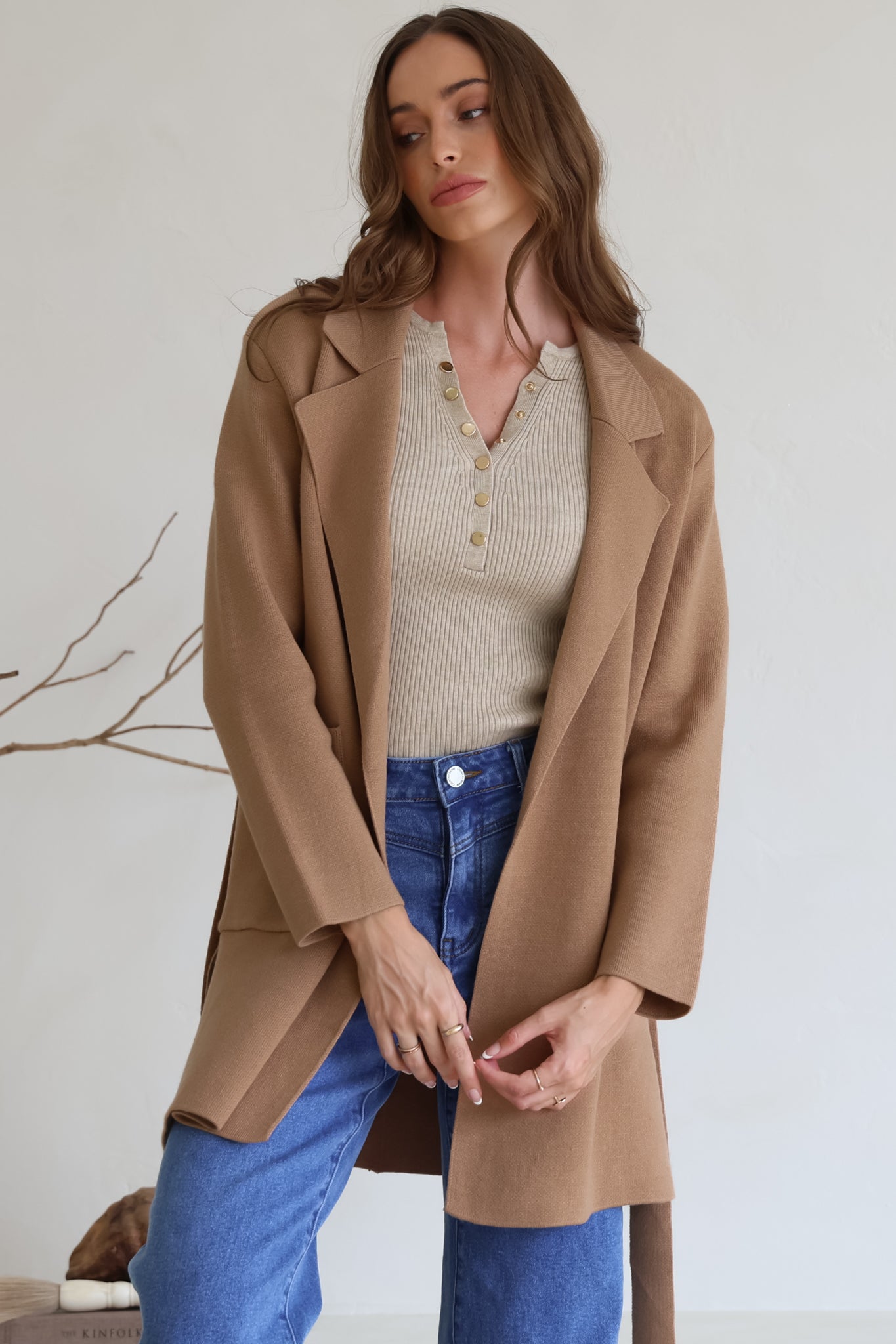Onyx Cardigan - Lapel Collar Open Front Coatigan with Waist Tie in Taupe