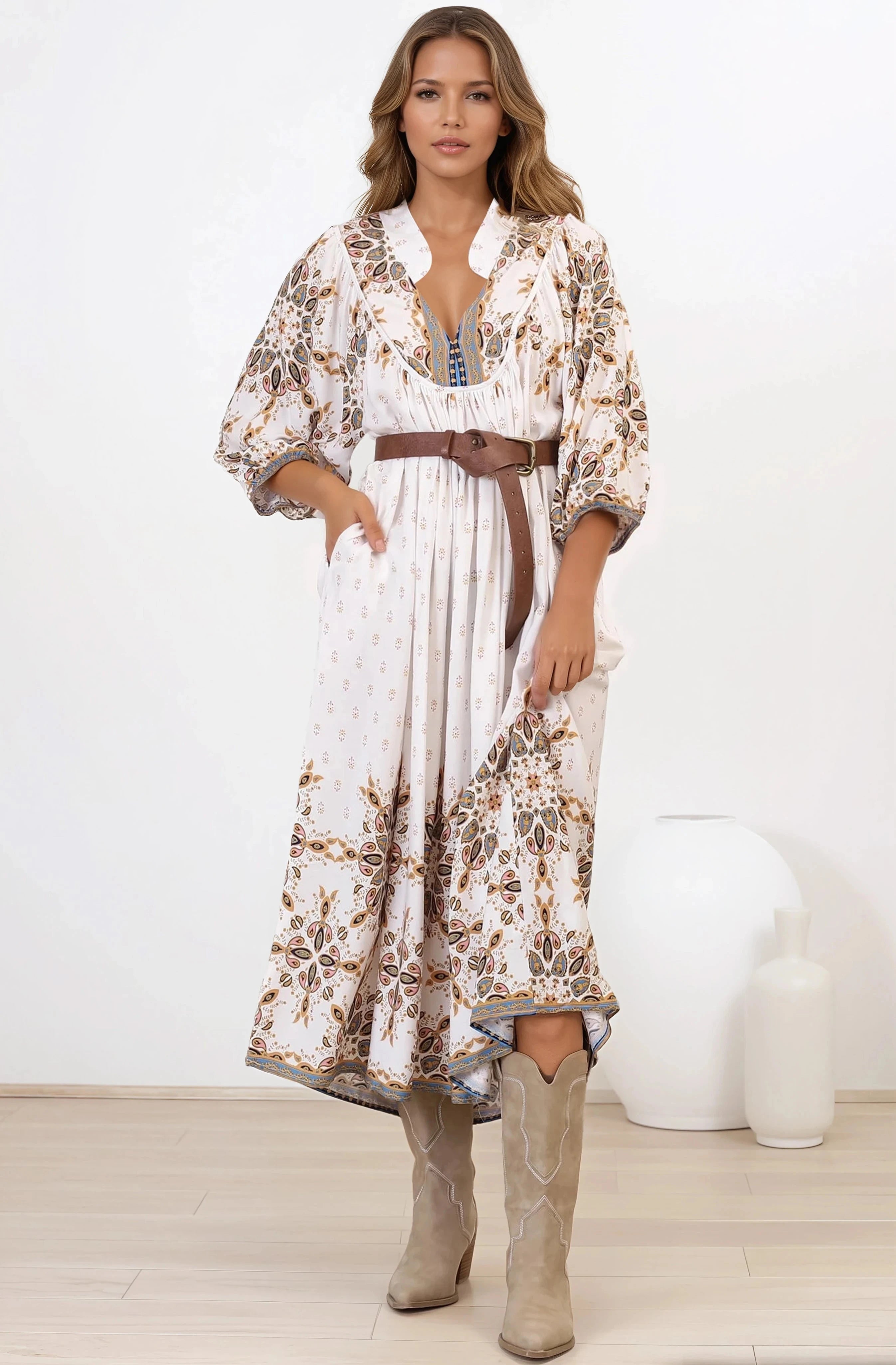 JAASE - Boheme Midi Dress: Piping Defined Bust Slimline Smock Dress In Gemstone Print