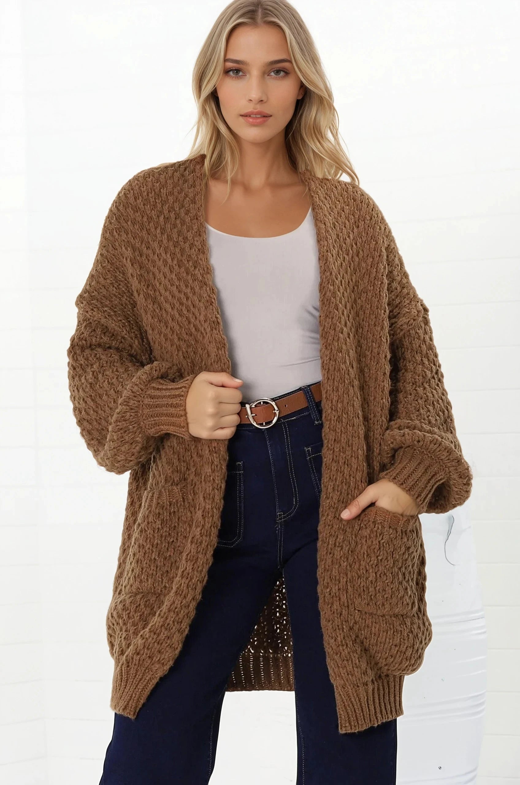 Ricki Cardigan - Open Front Chunky Knit Cardigan in Tan