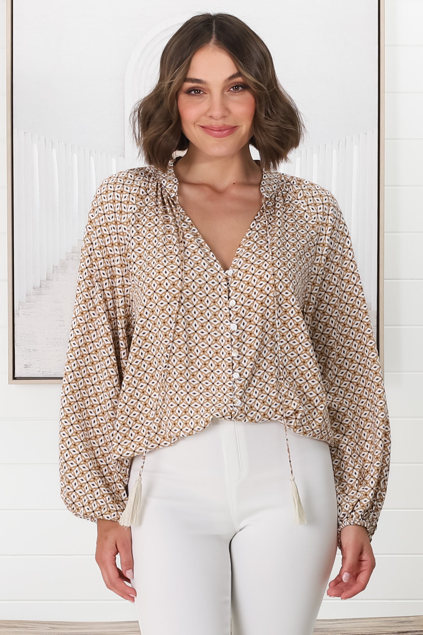Sallie Blouse - V-Neckline Button Down Blouse in Retro Print