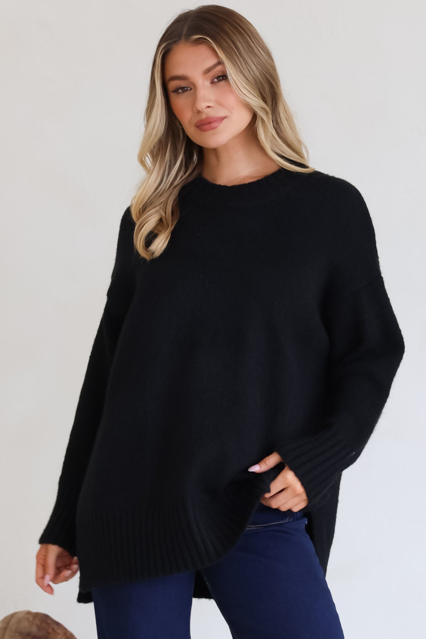 Sammy Jumper - Crew Neck Ribbed Shark Bite Hemline Jumper in Black