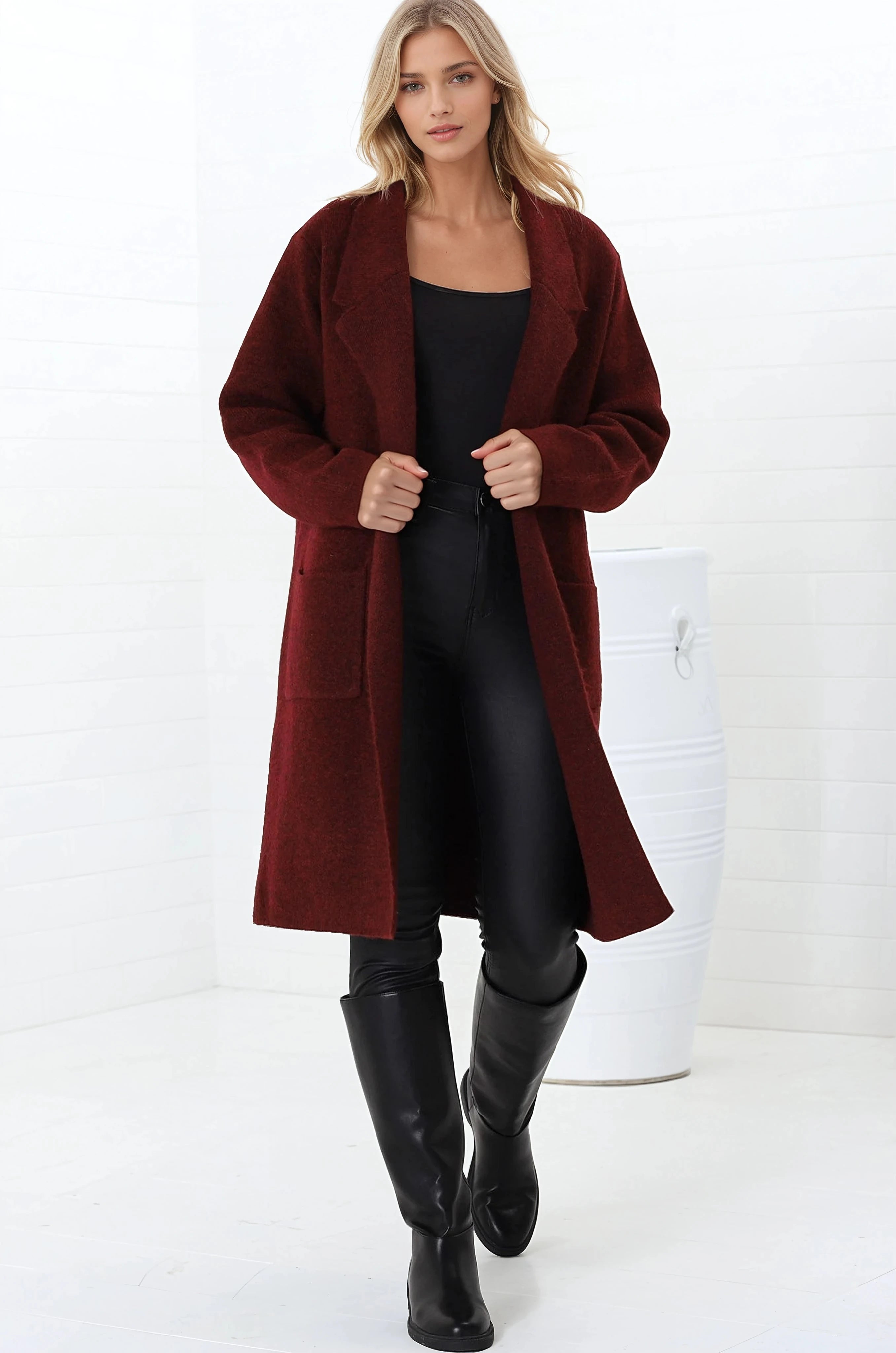 Samson Cardigan - Folded Lapel Collar Coatigan with Pockets in Wine