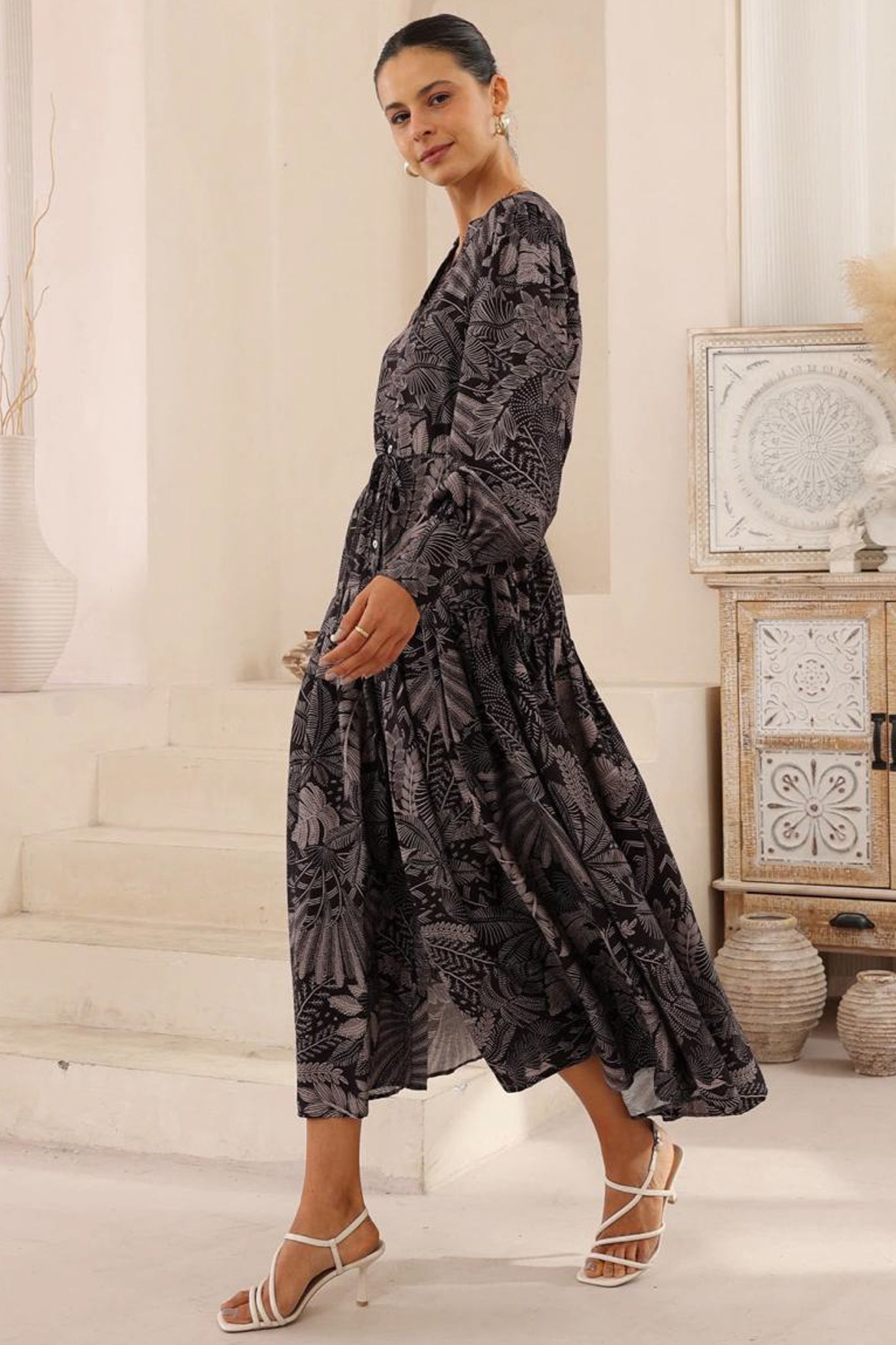 Starren Maxi Dress - Mandarin Collar Button Down Dress with Waist Tie in Midnight Flora Print