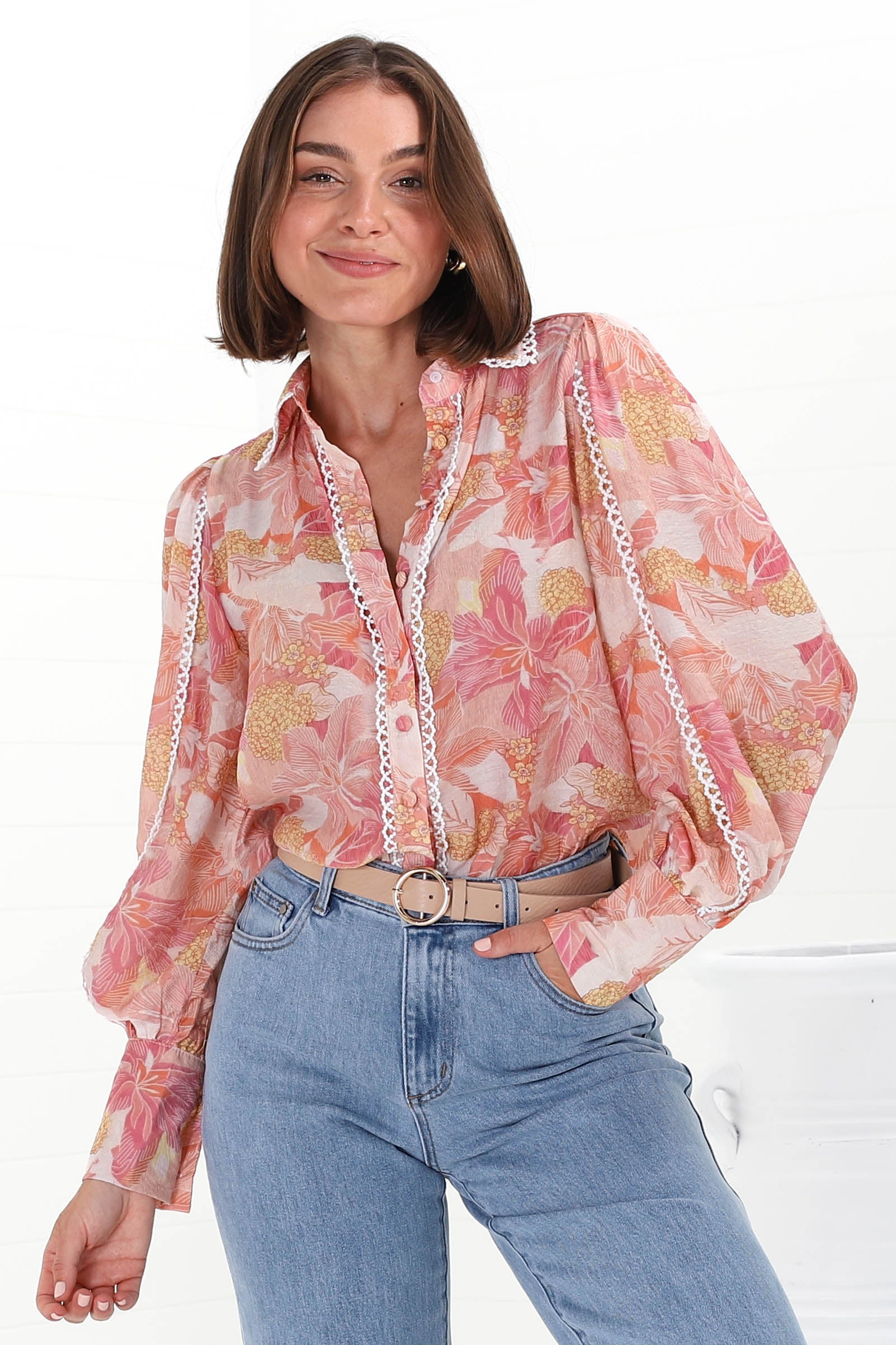 Shiloh Blouse - Contrast Trim Button Down Shirt in Lola Print