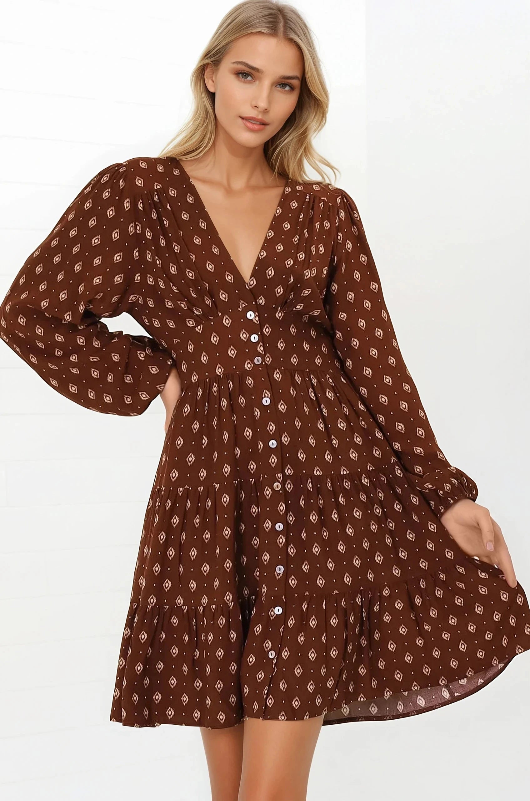 Soho Mini Dress - A Line Button Down Tiered Dress in Kendy Print