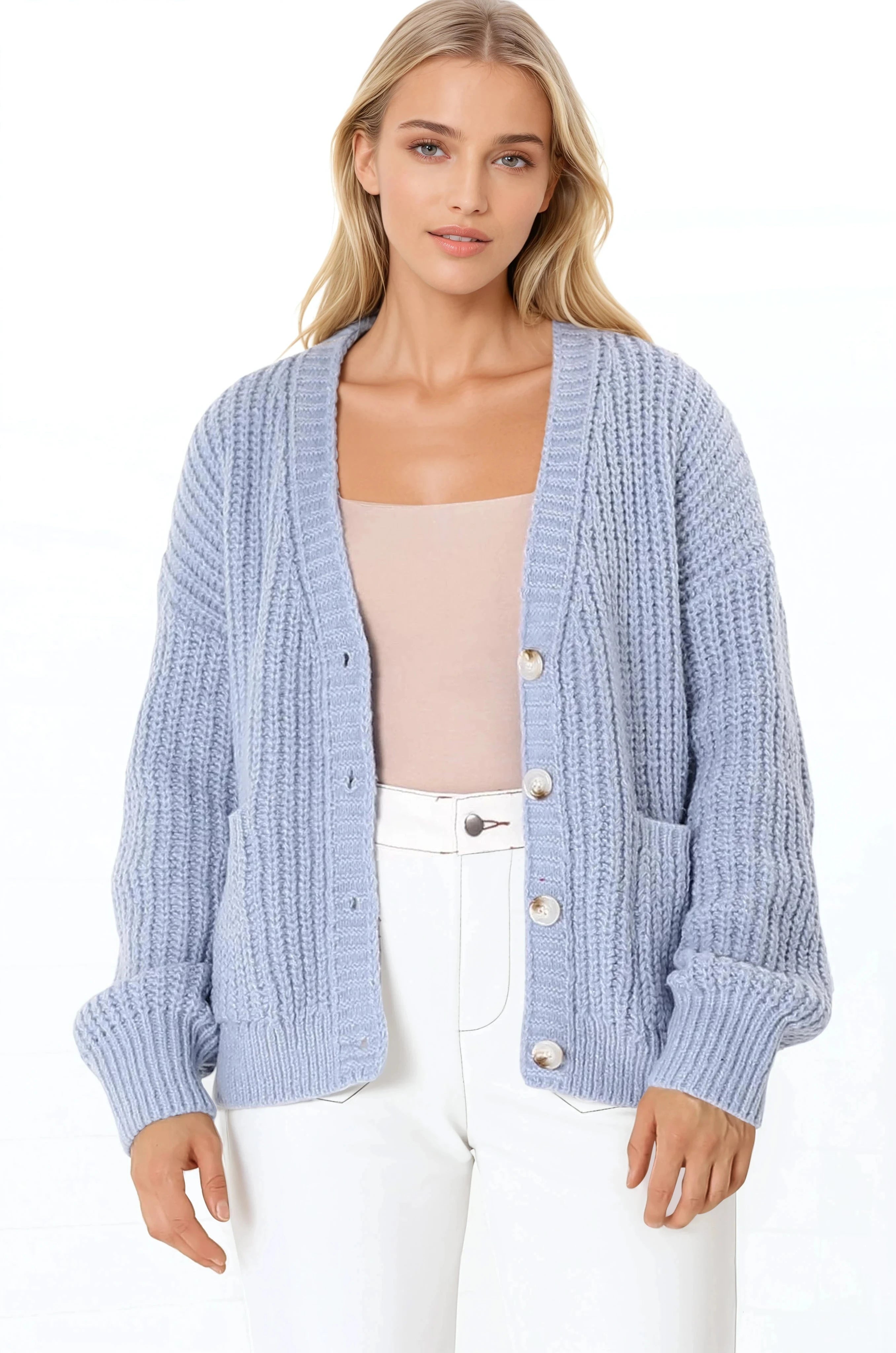Tatie Cardigan - Open Front Knit Cardigan with Pockets in Blue