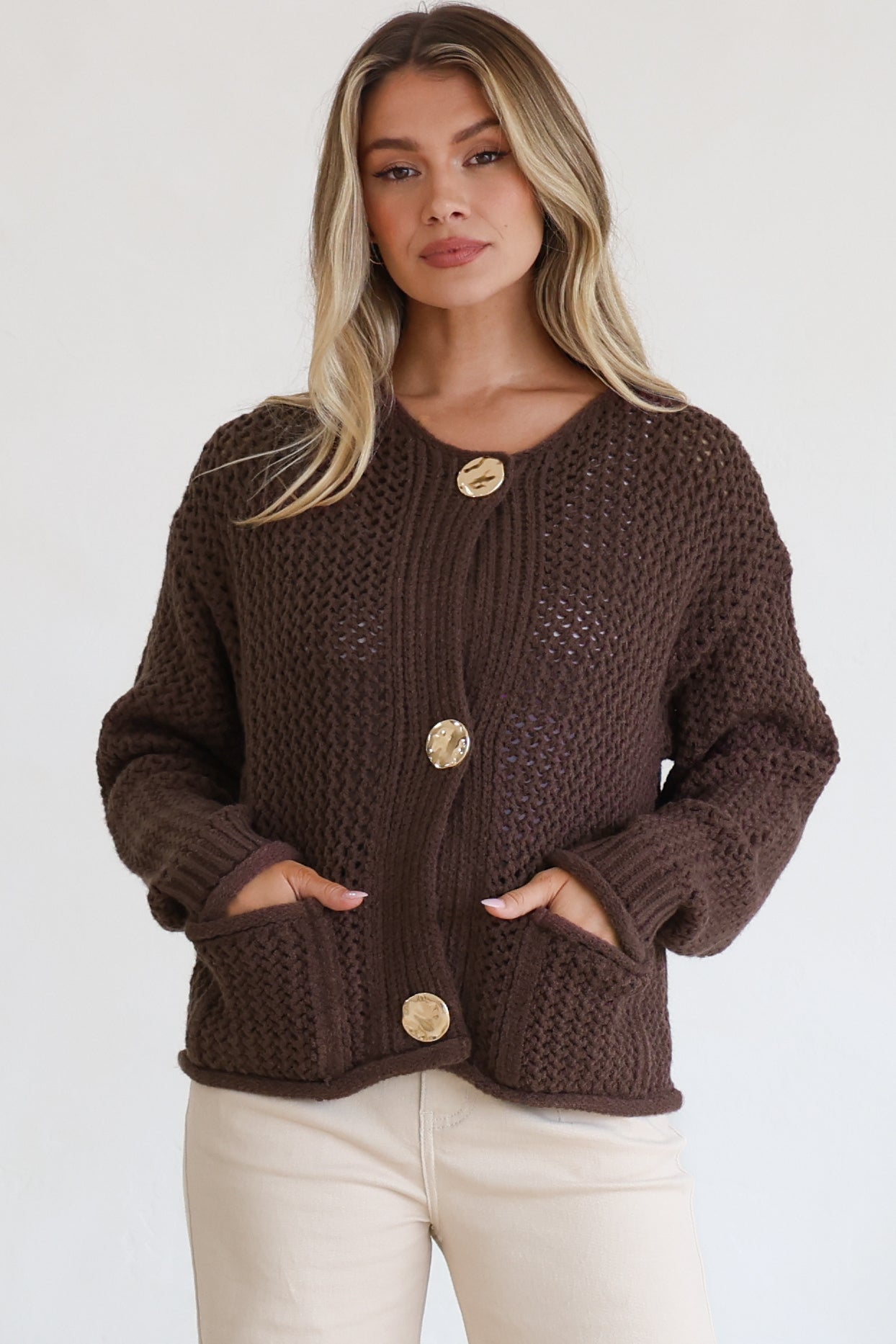 Tyane Cardigan - Chunky Gold Buttoned Cardigan with Pockets in Brown