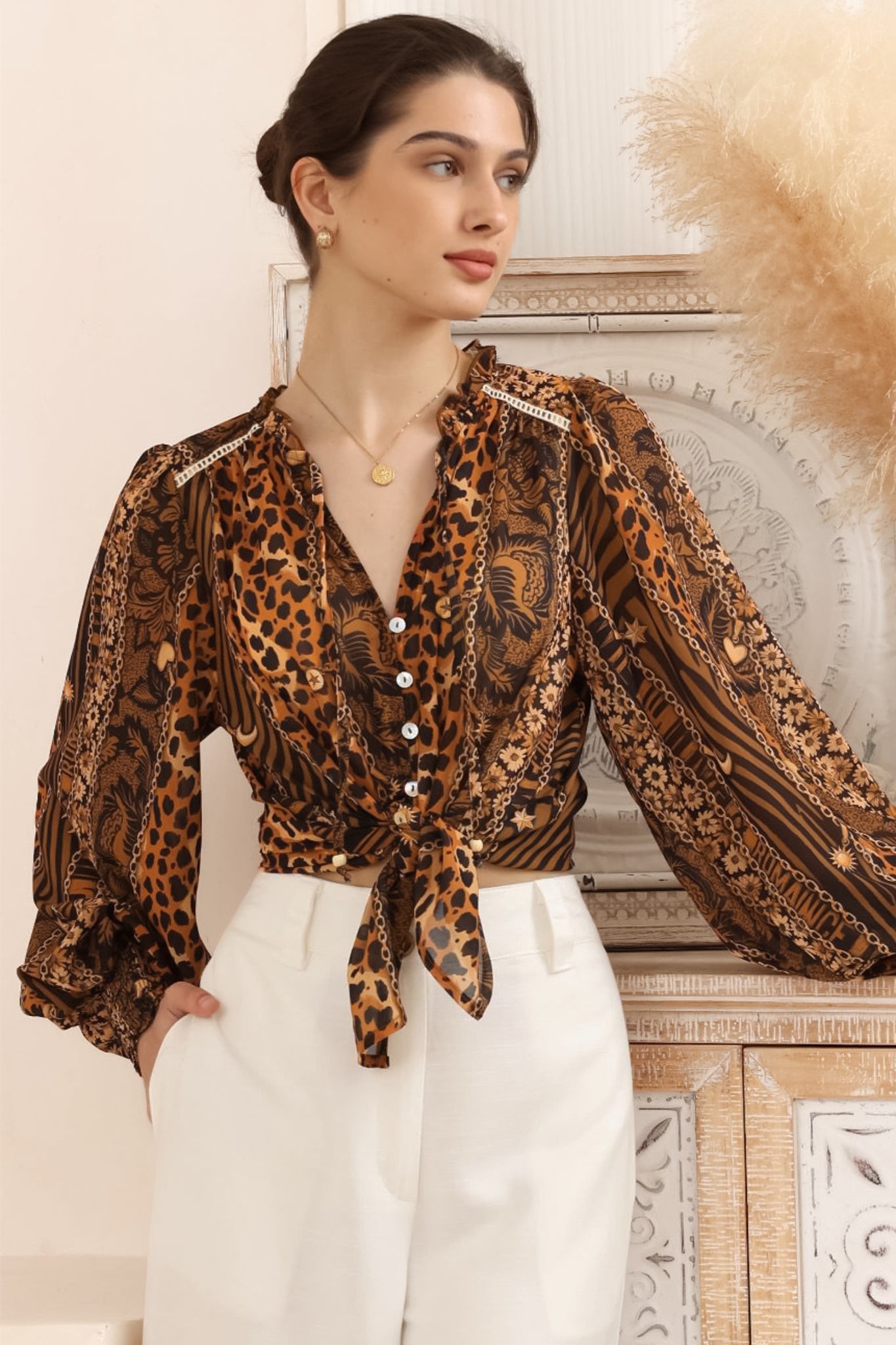Violet Blouse - Frill Collar Button Down Balloon Sleeve Blouse In Riley Print