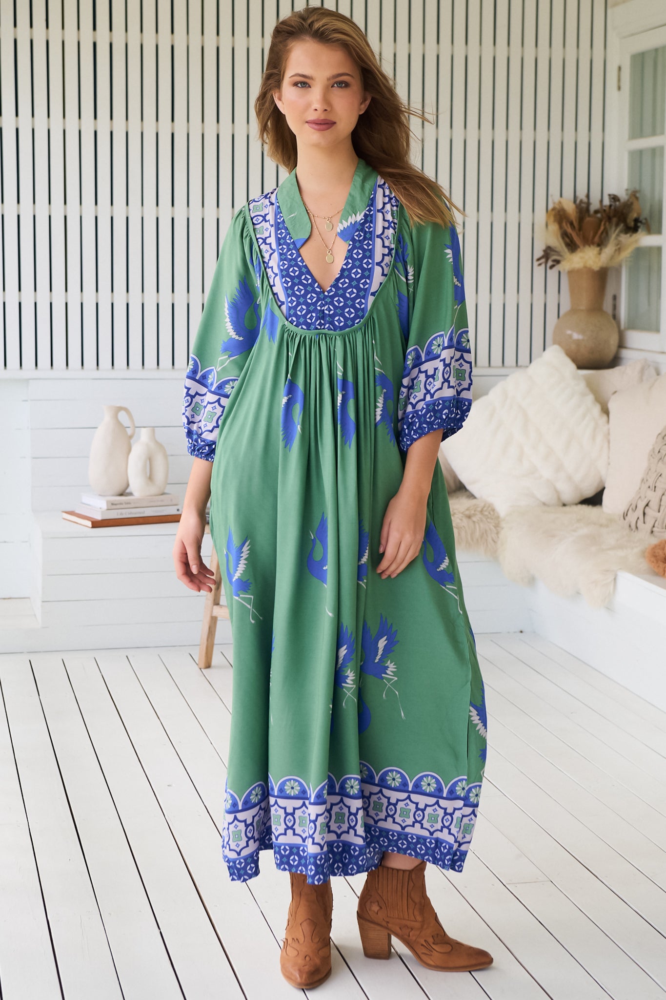 JAASE - Boheme Midi Dress: Piping Defined Bust 3/4 Sleeve Smock Dress in Bluebird Print