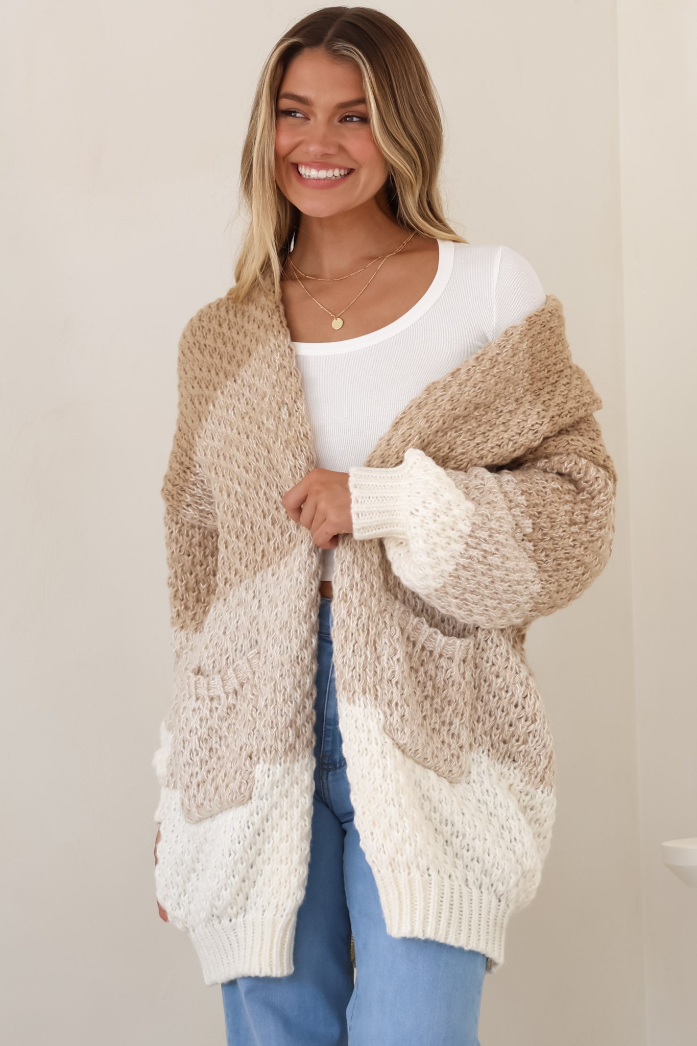 Welles Cardigan - Open Front Colour Block Knit Cardigan with Pockets in Camel