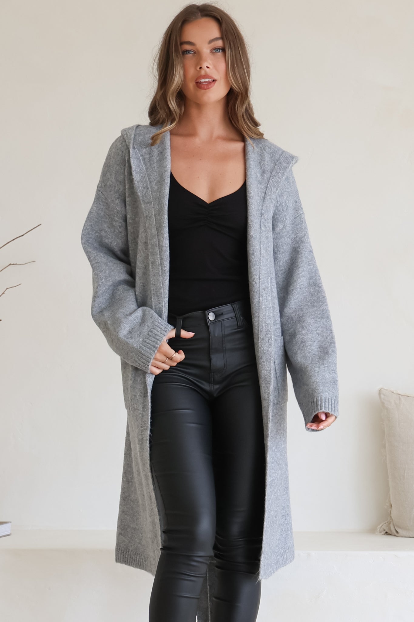 Windsor Cardigan - Hooded Open Front Coatigan with Waist Tie in Grey