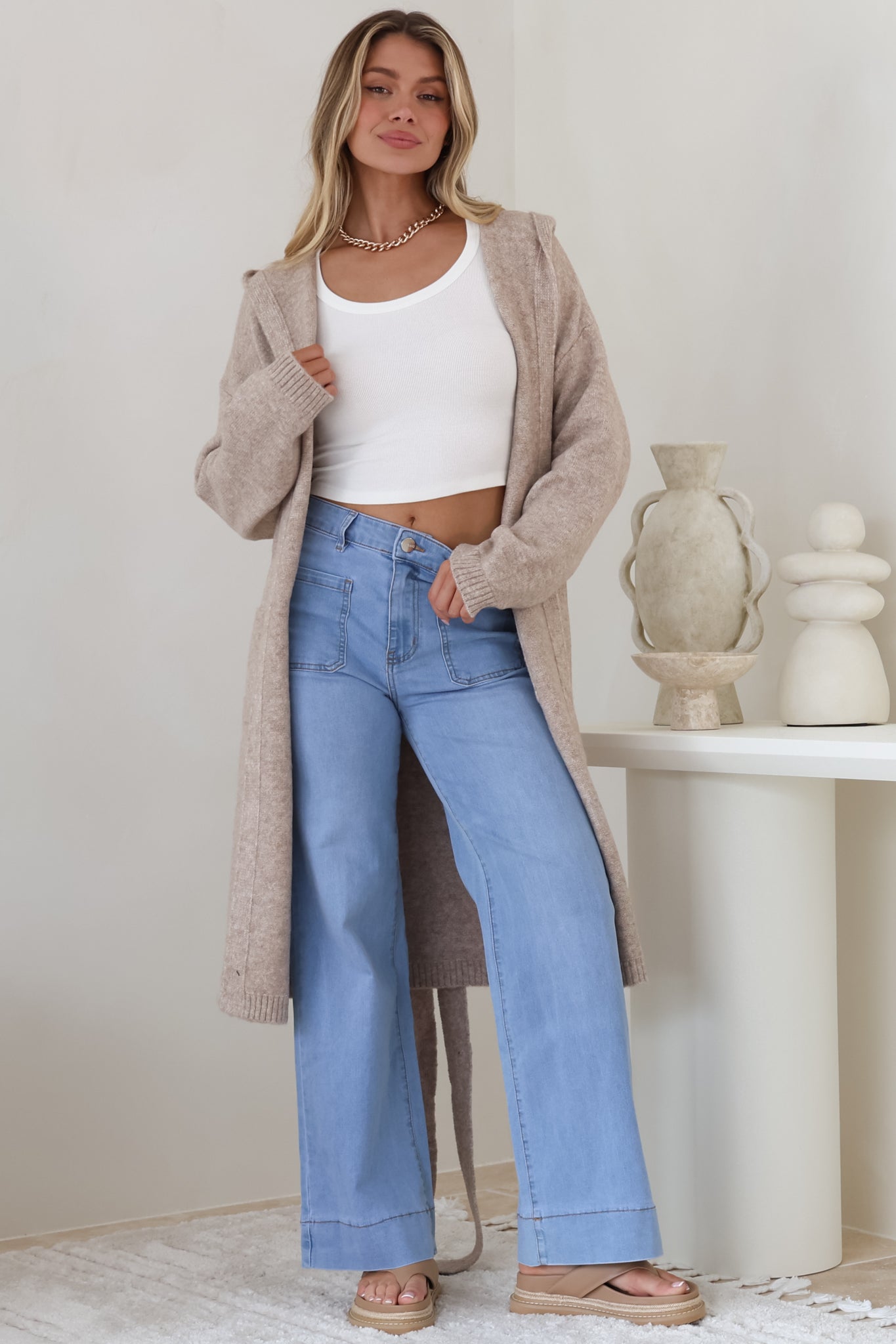 Windsor Cardigan - Hooded Open Front Coatigan with Waist Tie in Taupe