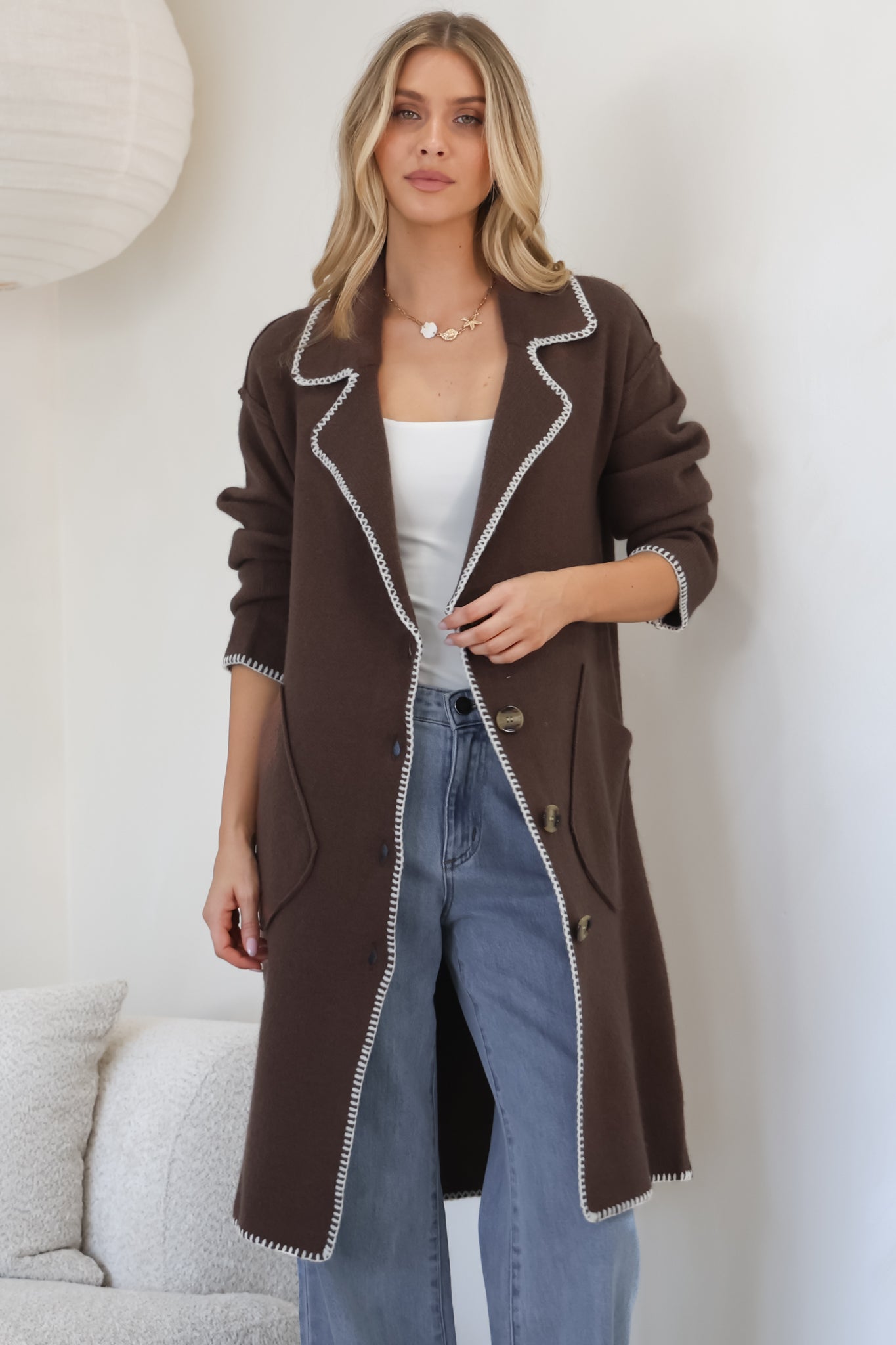 Wrenley Cardigan - Collared Contrast Stitching Buttoned Cardigan in Chocolate