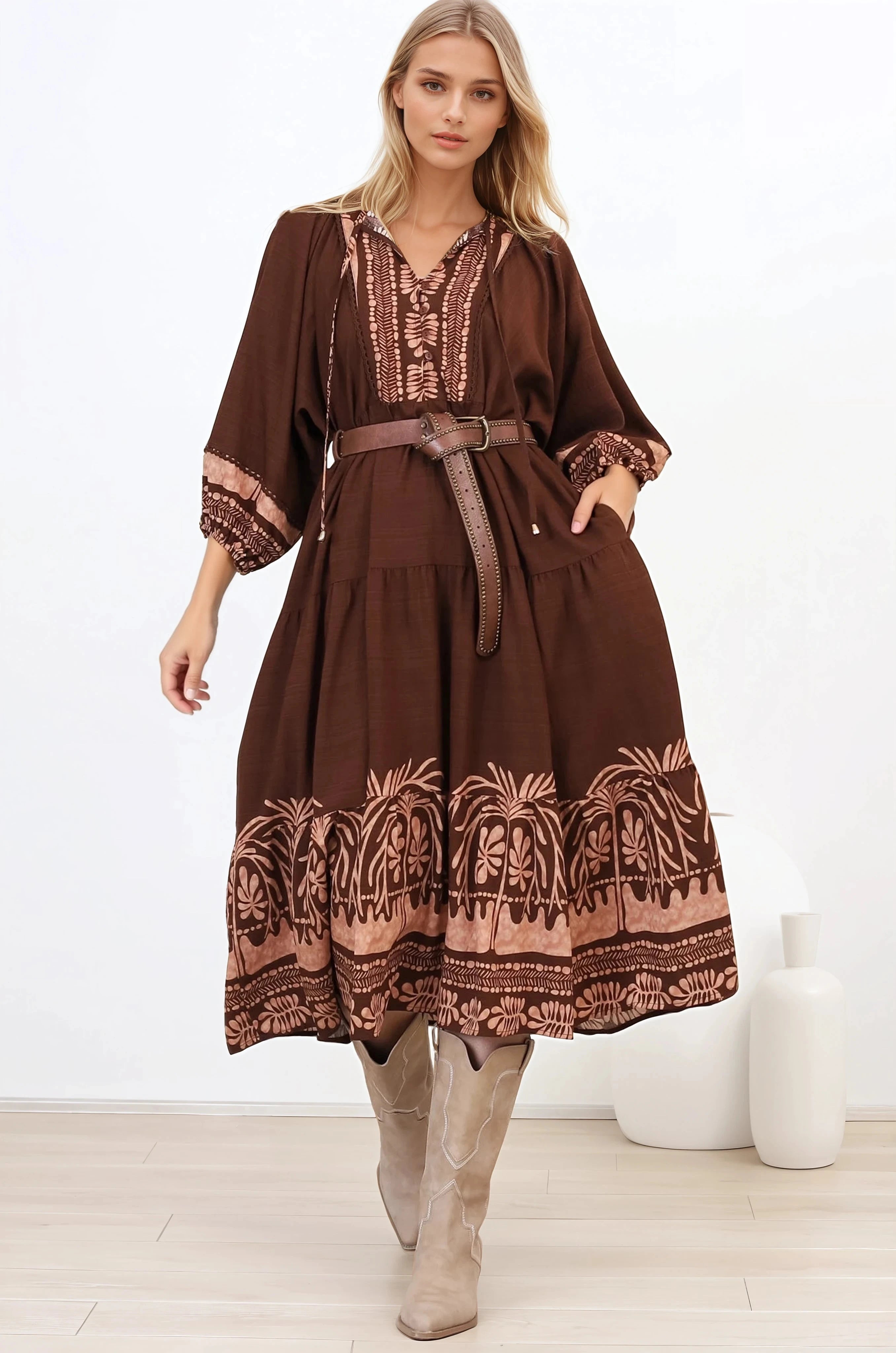 Kamali Midi Dress - Batwing Sleeve Smock Dress with Lace Detailing in Luma Print Brown