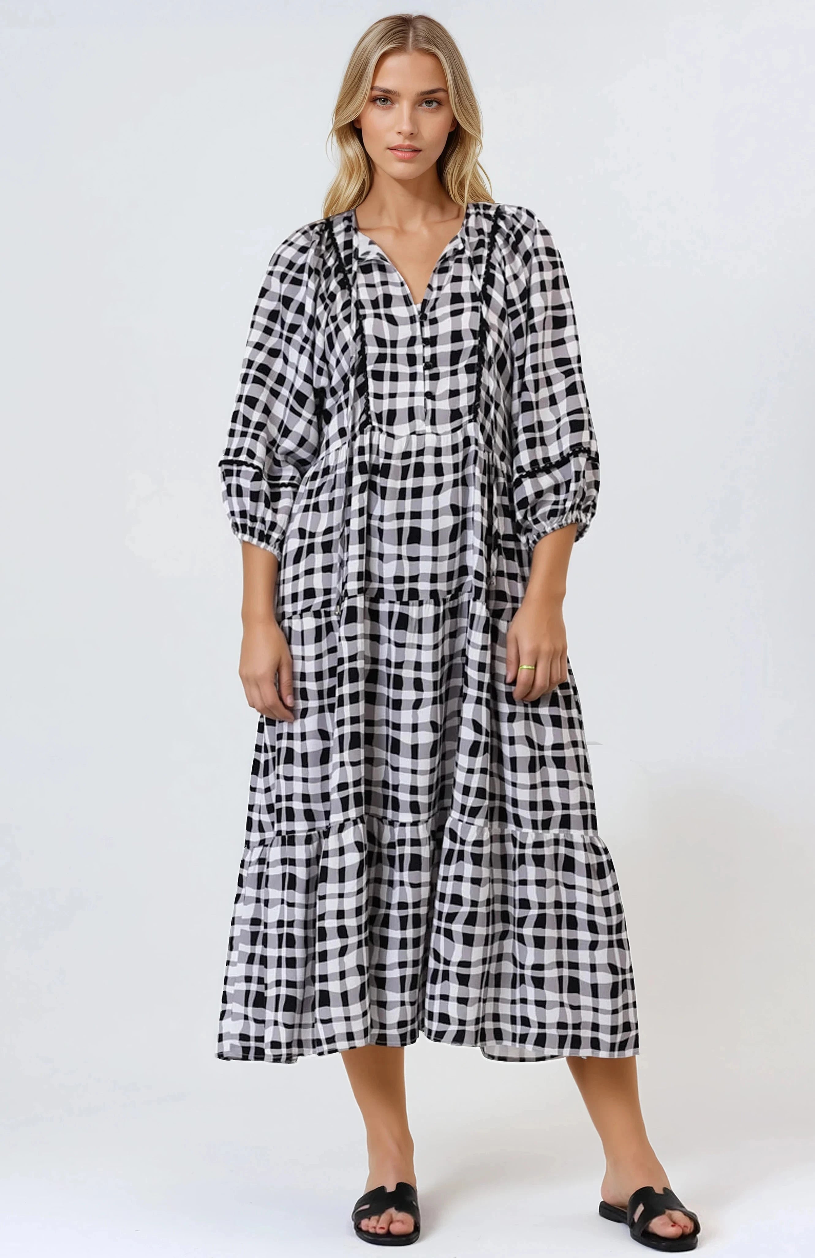 Kamali Midi Dress - Batwing Sleeve Smock Dress with Lace Detailing in Liniker Print Black