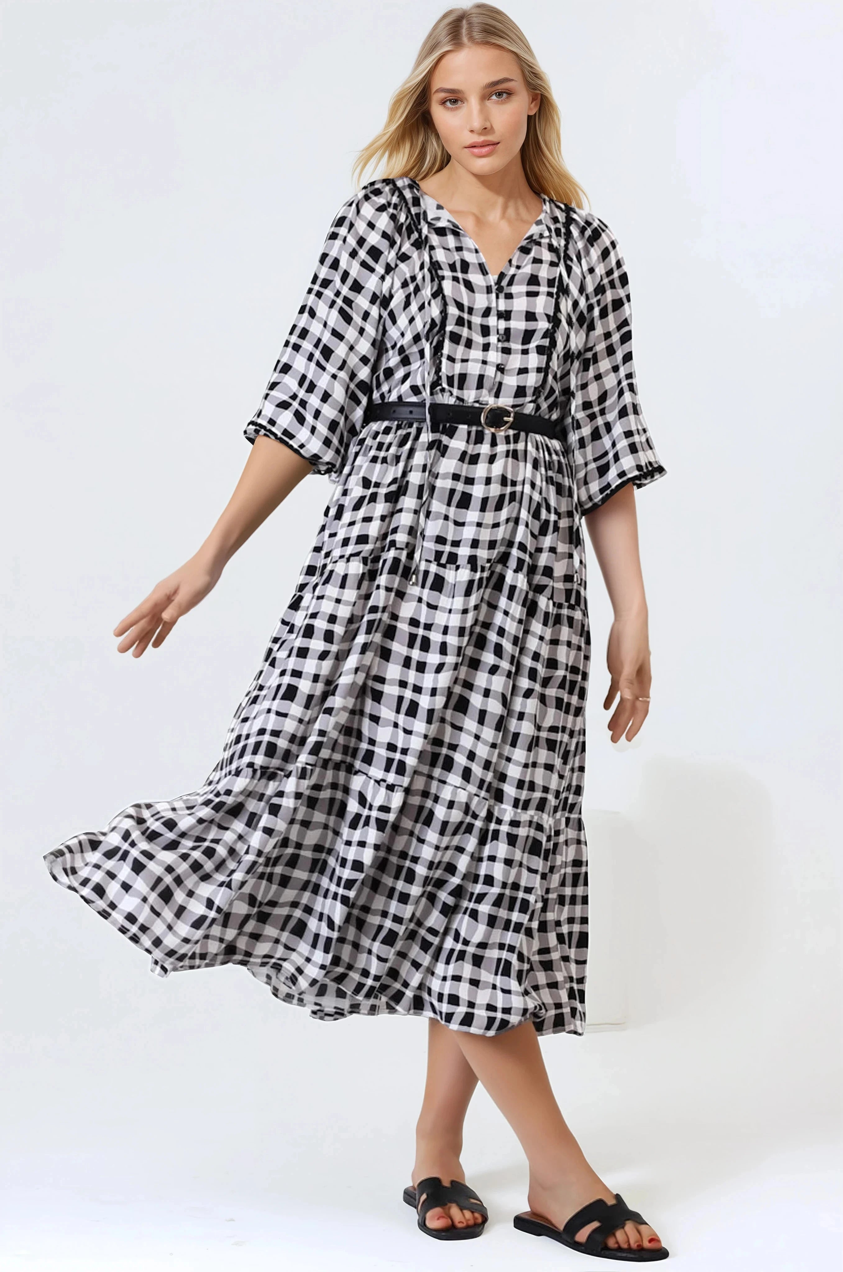 Kamali Midi Dress - Batwing Sleeve Smock Dress with Lace Detailing in Liniker Print Black