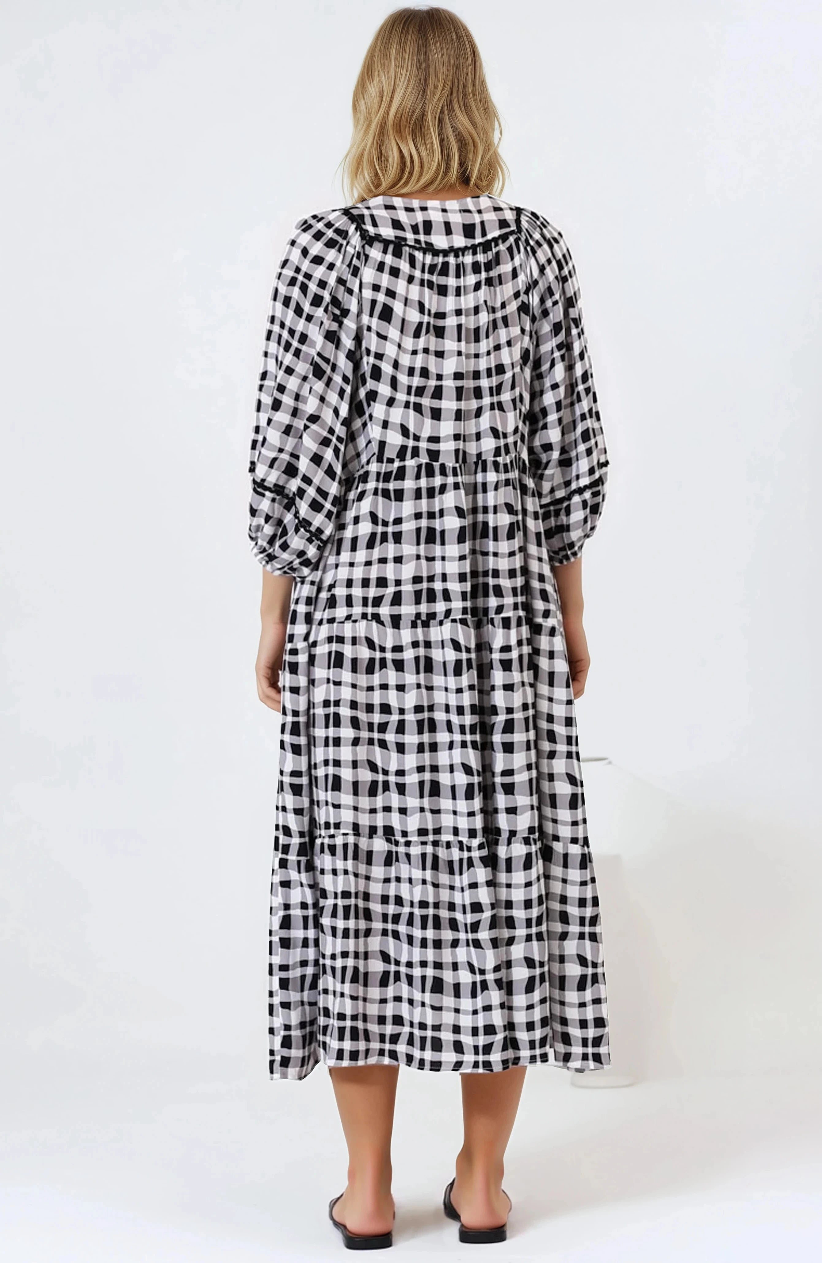 Kamali Midi Dress - Batwing Sleeve Smock Dress with Lace Detailing in Liniker Print Black