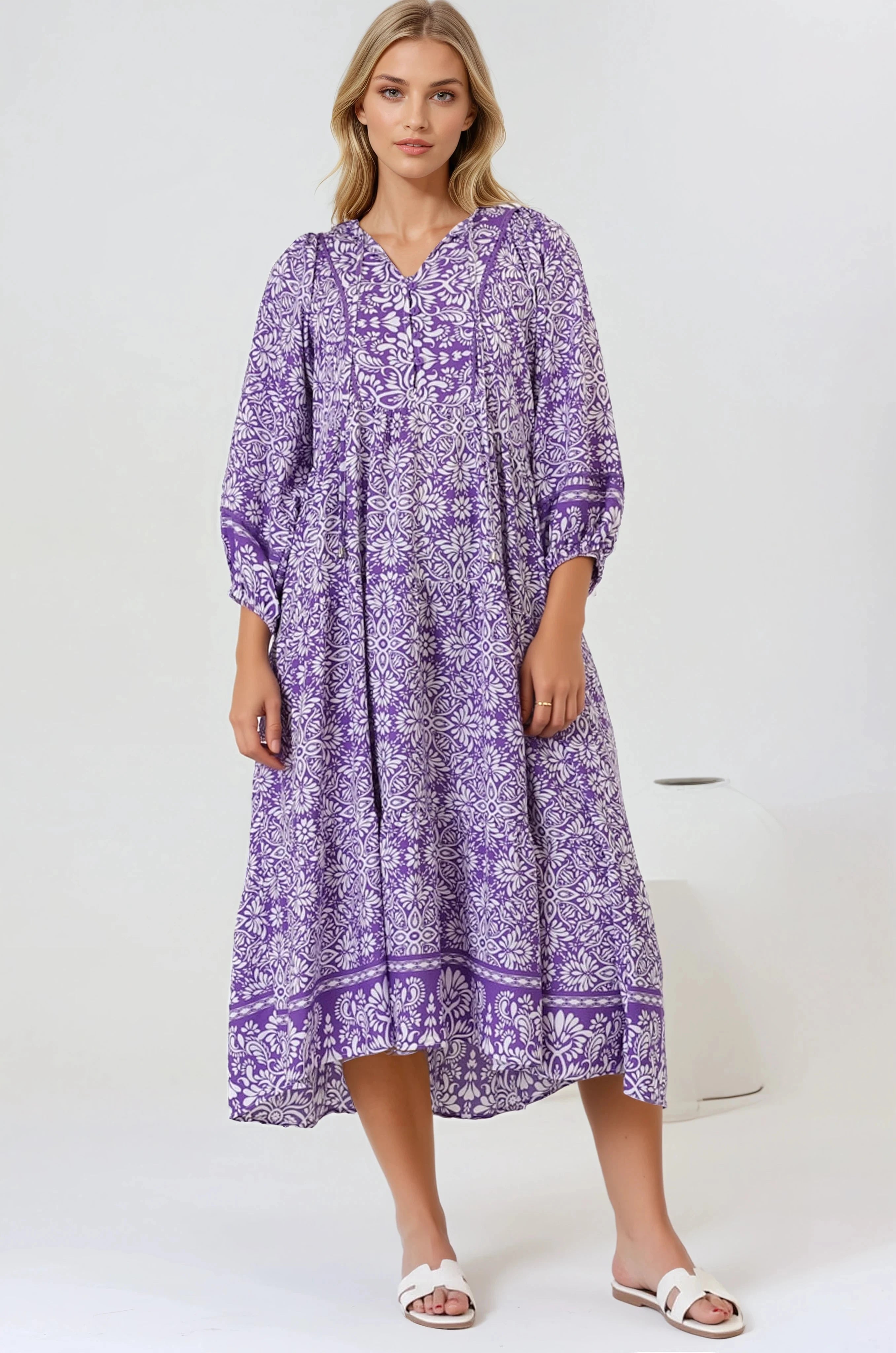 Kamali Midi Dress - Batwing Sleeve Smock Dress with Lace Detailing in Harley Print Purple