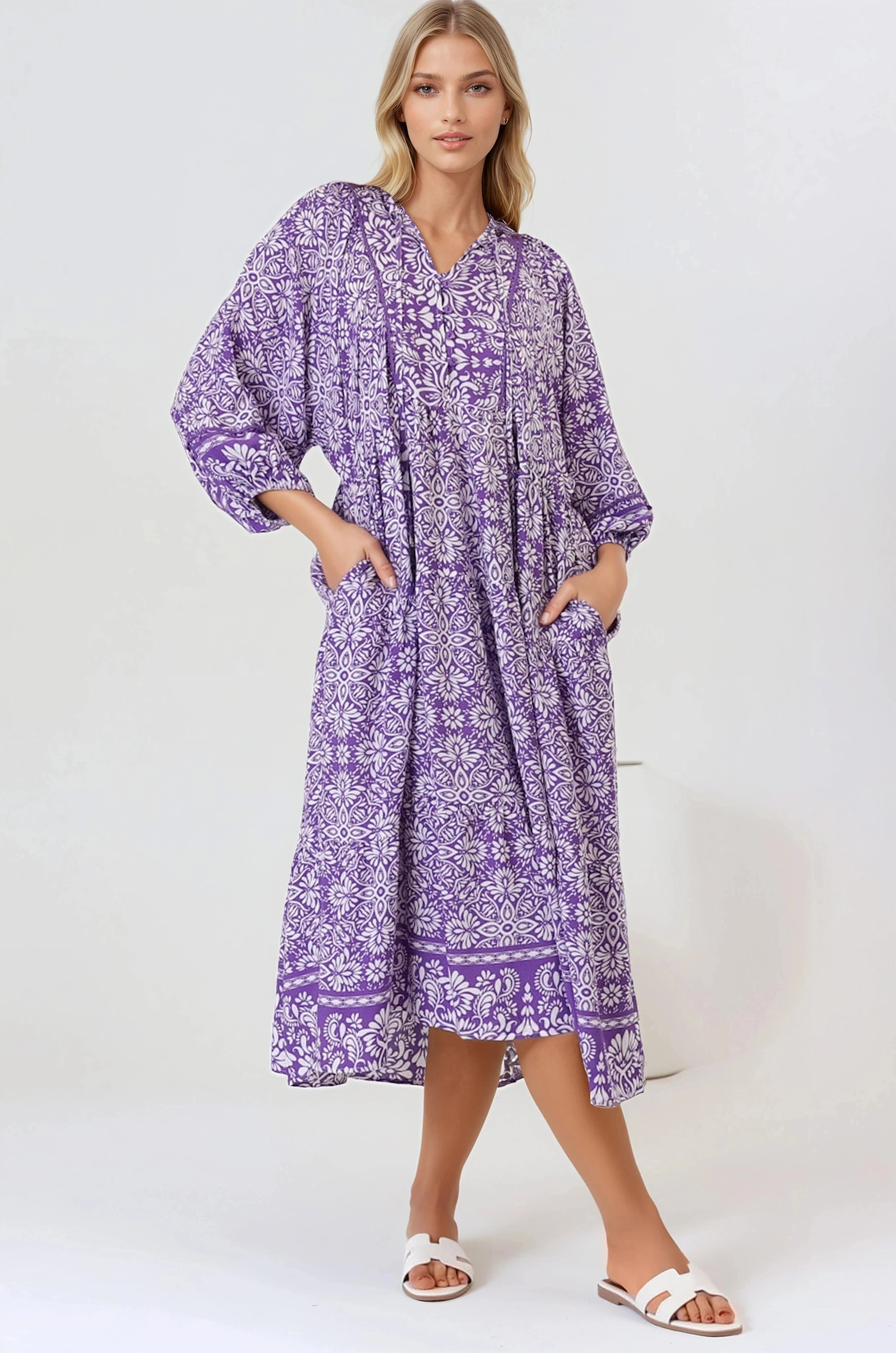 Kamali Midi Dress - Batwing Sleeve Smock Dress with Lace Detailing in Harley Print Purple