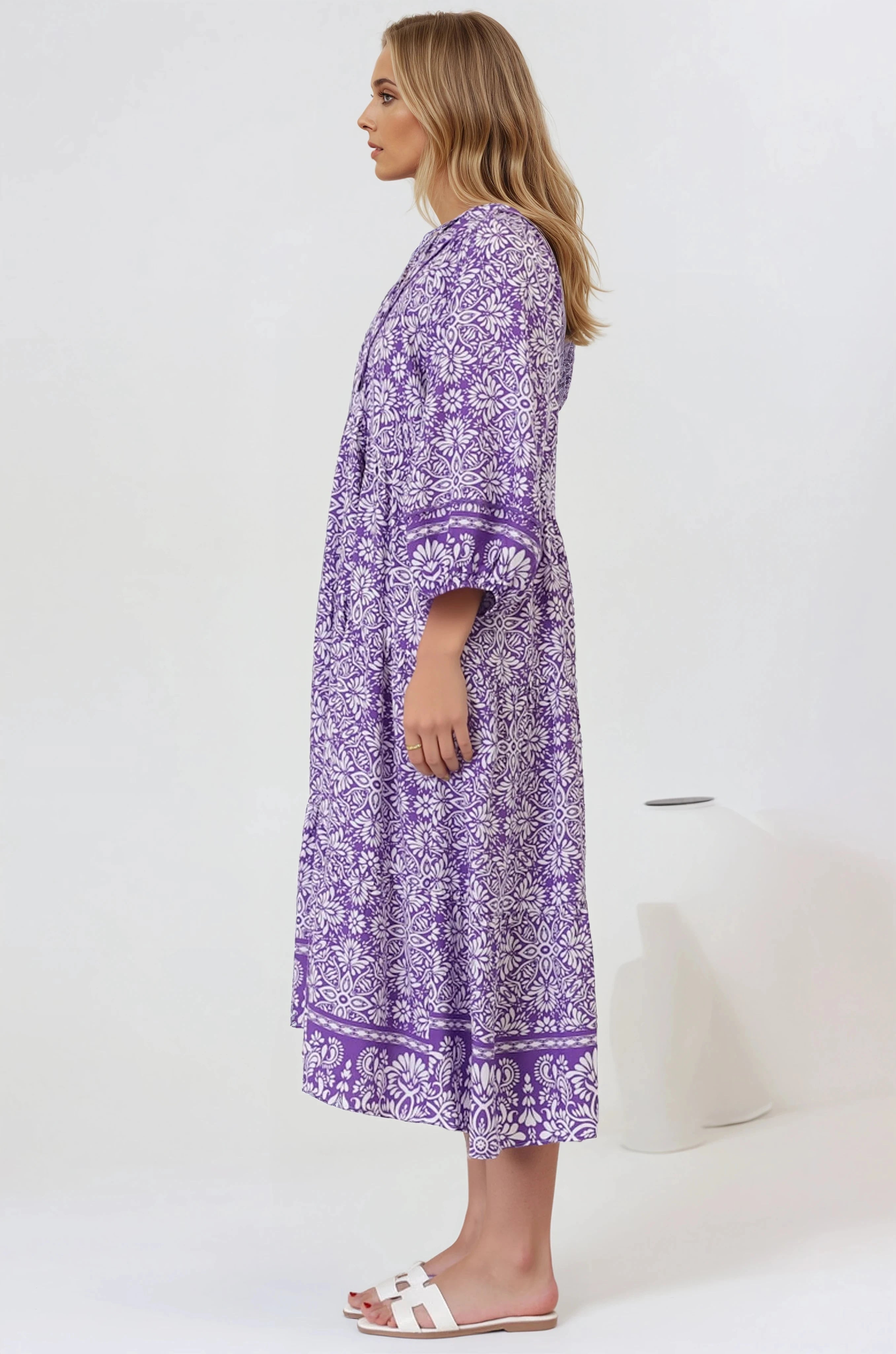 Kamali Midi Dress - Batwing Sleeve Smock Dress with Lace Detailing in Harley Print Purple