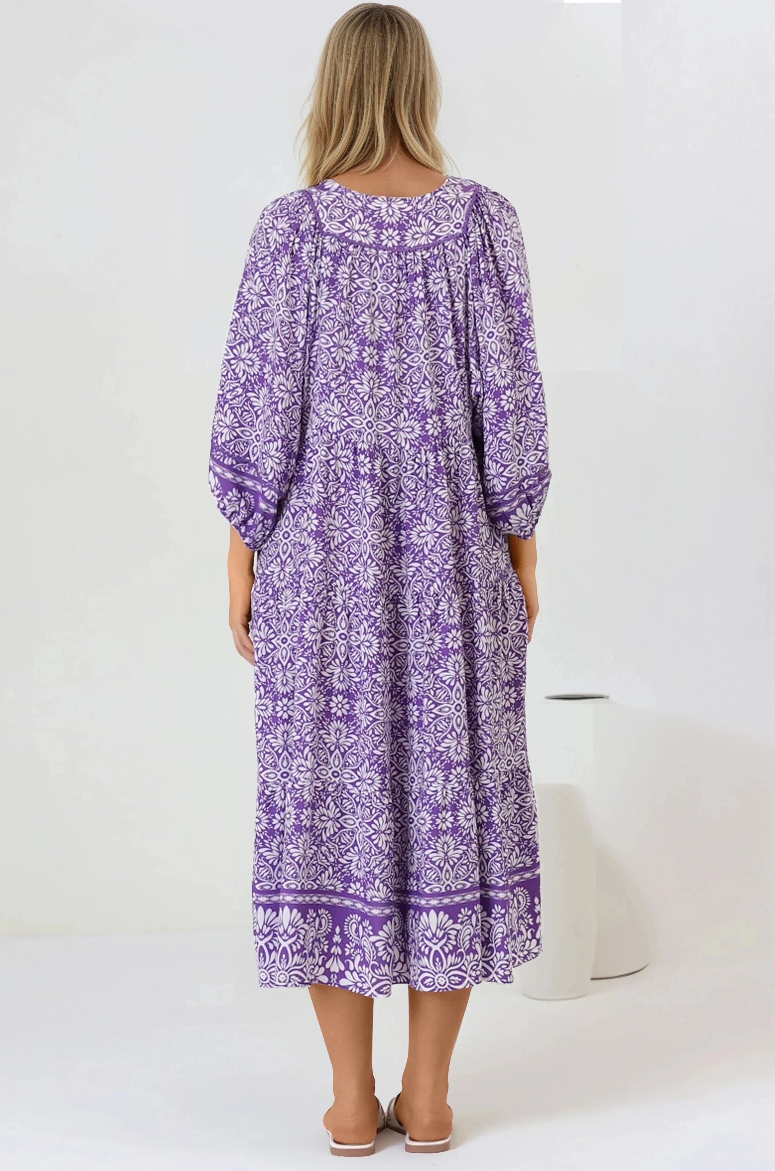 Kamali Midi Dress - Batwing Sleeve Smock Dress with Lace Detailing in Harley Print Purple
