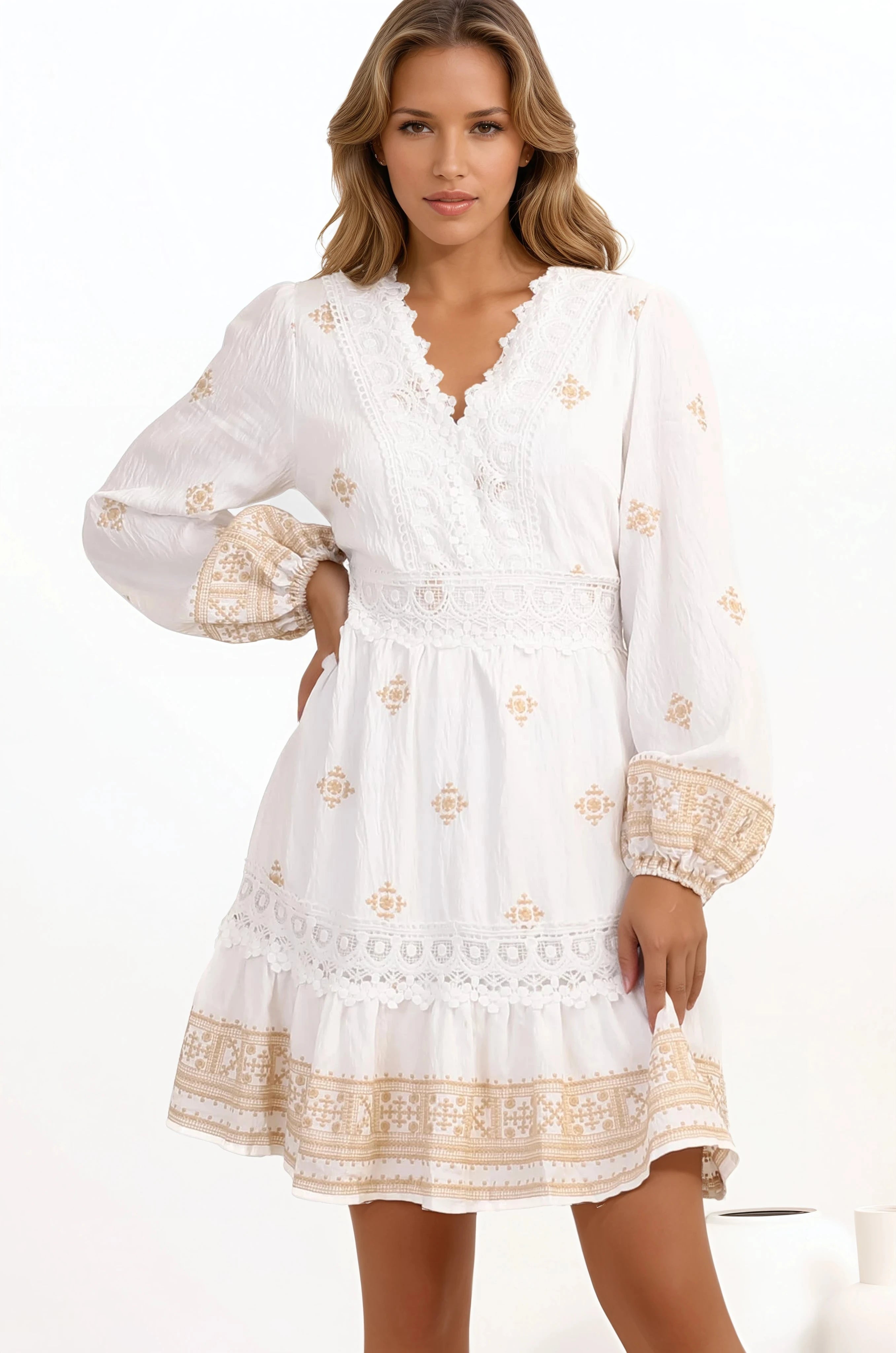 Fiona Mini Dress - V-Neck Lace Detailed Embroidered A-line Dress in Selena Print White